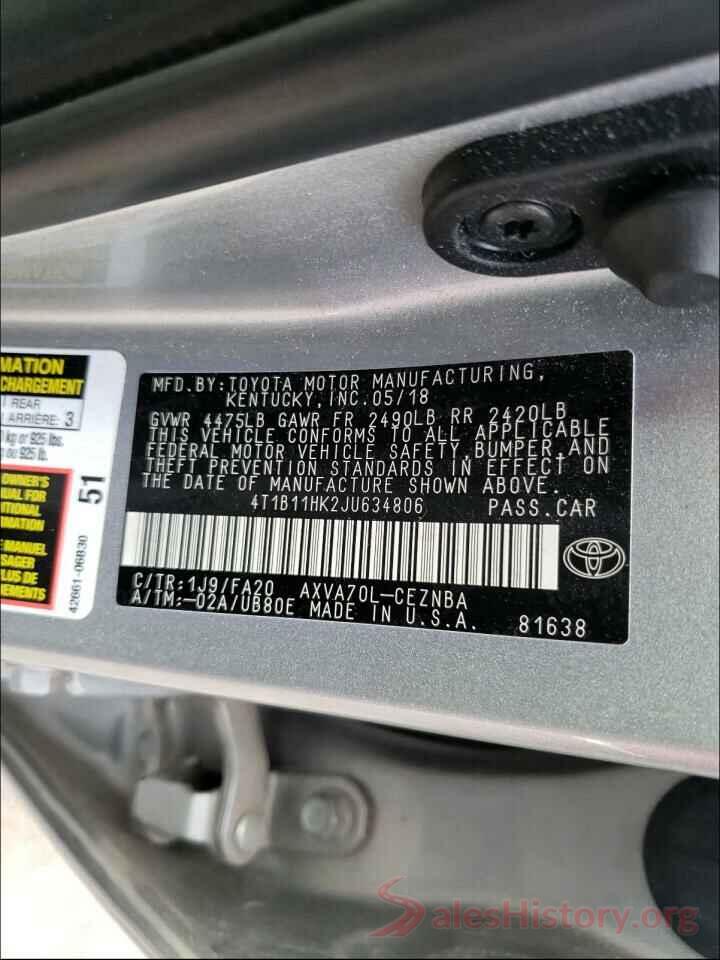 4T1B11HK2JU634806 2018 TOYOTA CAMRY