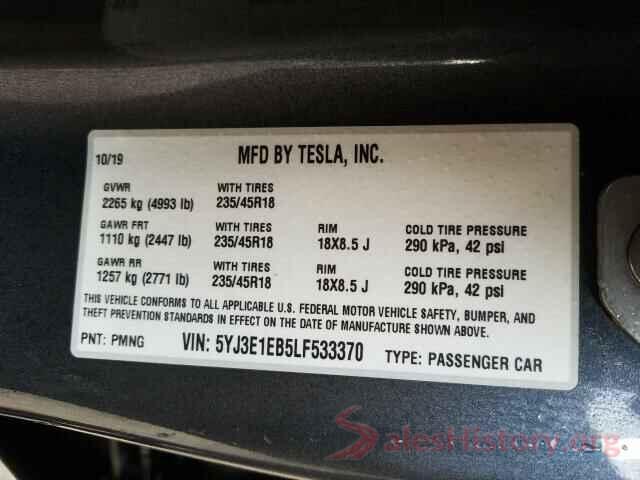 5YJ3E1EB5LF533370 2020 TESLA MODEL 3