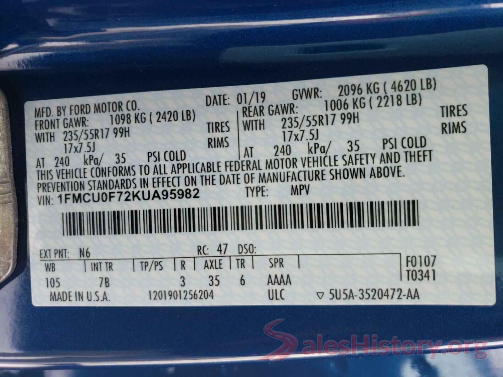 1FMCU0F72KUA95982 2019 FORD ESCAPE