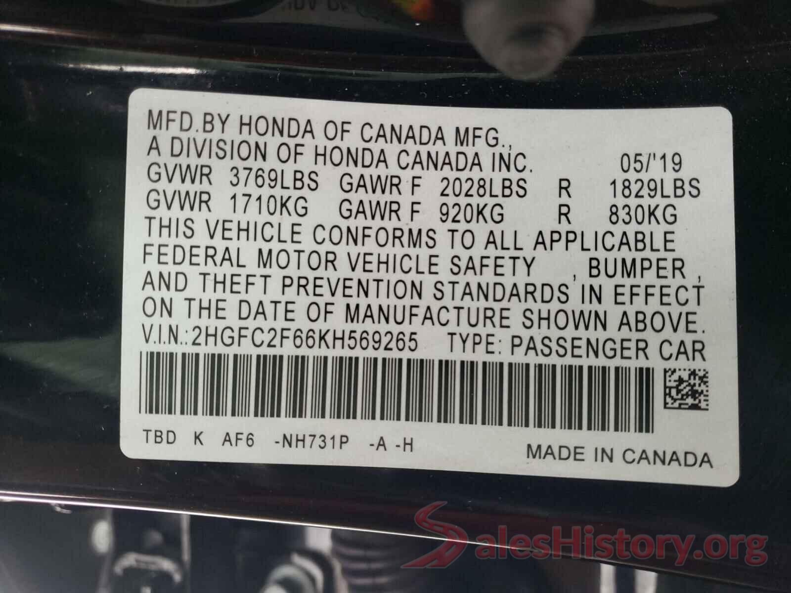 2HGFC2F66KH569265 2019 HONDA CIVIC