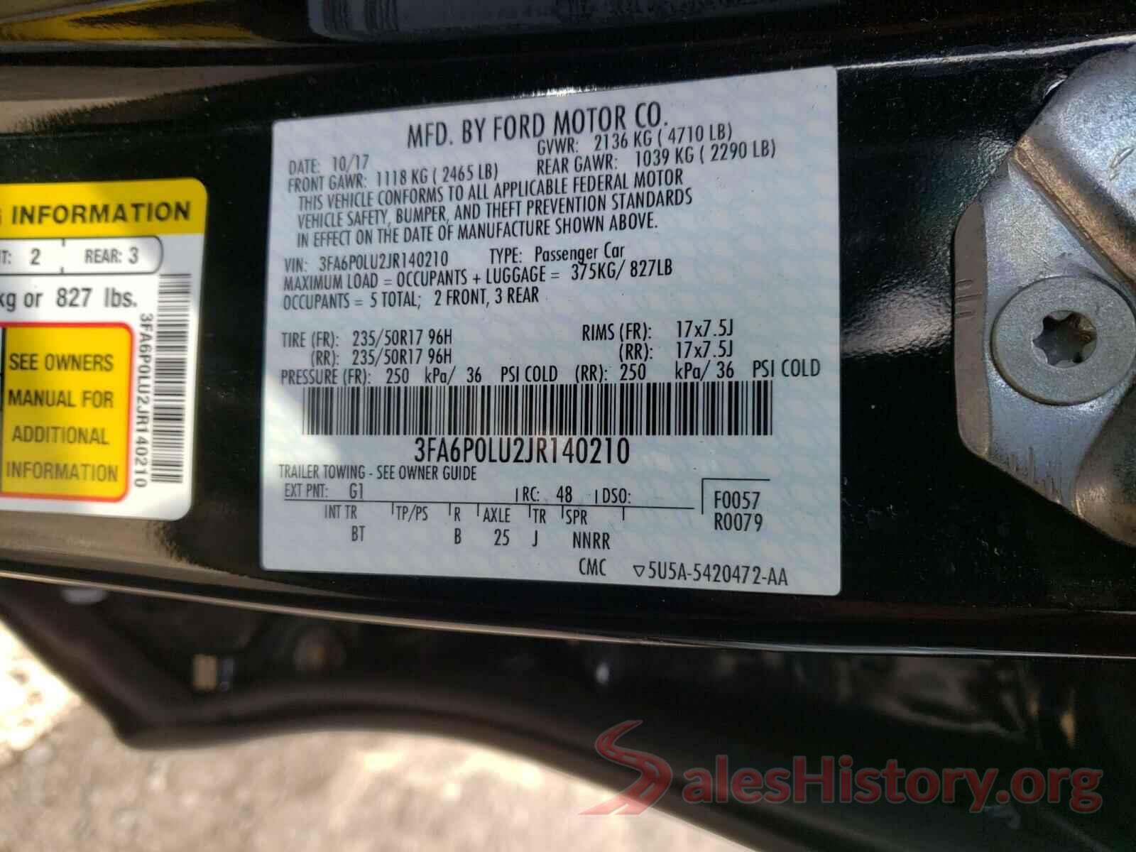 3FA6P0LU2JR140210 2018 FORD FUSION