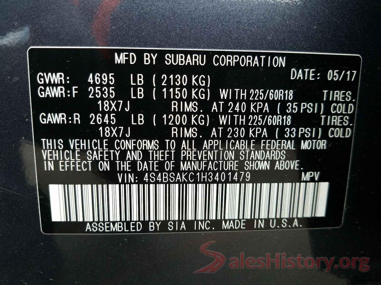 4S4BSAKC1H3401479 2017 SUBARU OUTBACK