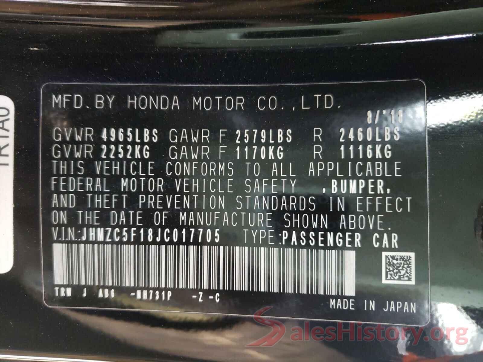 JHMZC5F18JC017705 2018 HONDA CLARITY