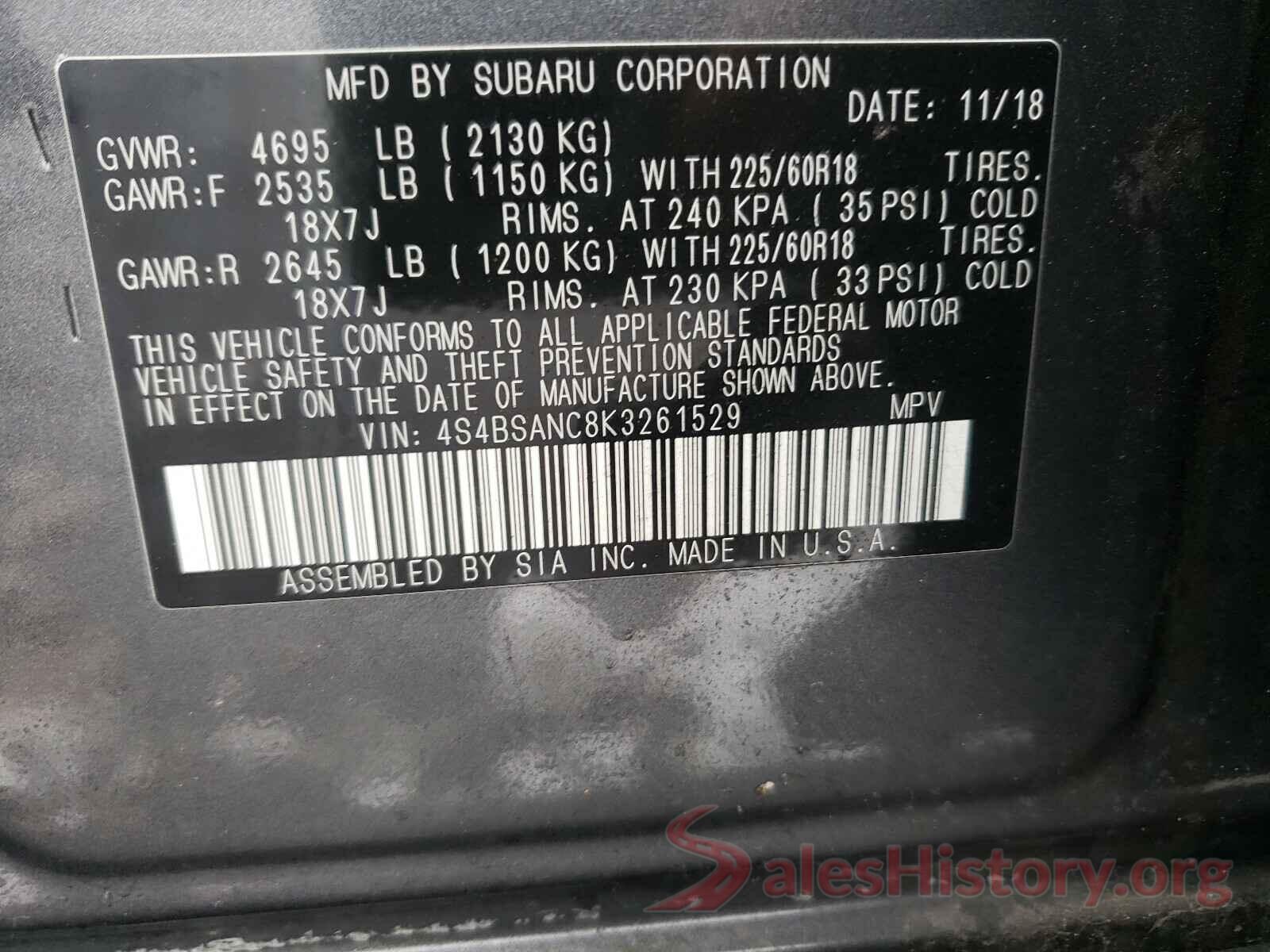 4S4BSANC8K3261529 2019 SUBARU OUTBACK