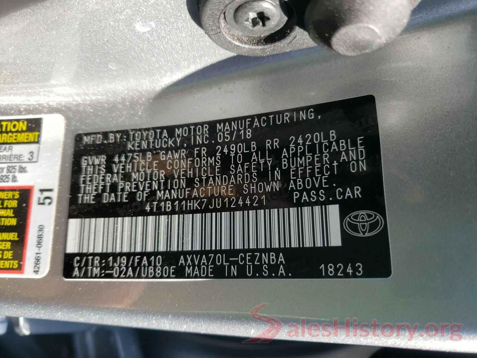 4T1B11HK7JU124421 2018 TOYOTA CAMRY