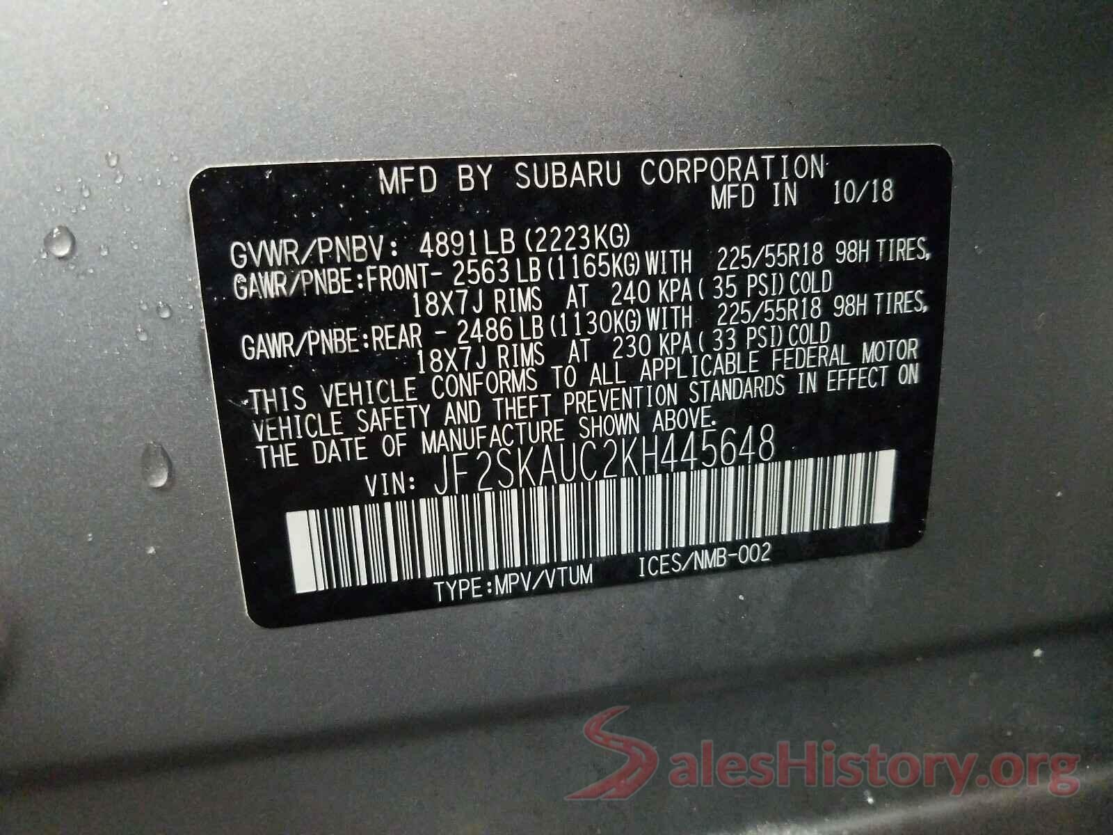 JF2SKAUC2KH445648 2019 SUBARU FORESTER