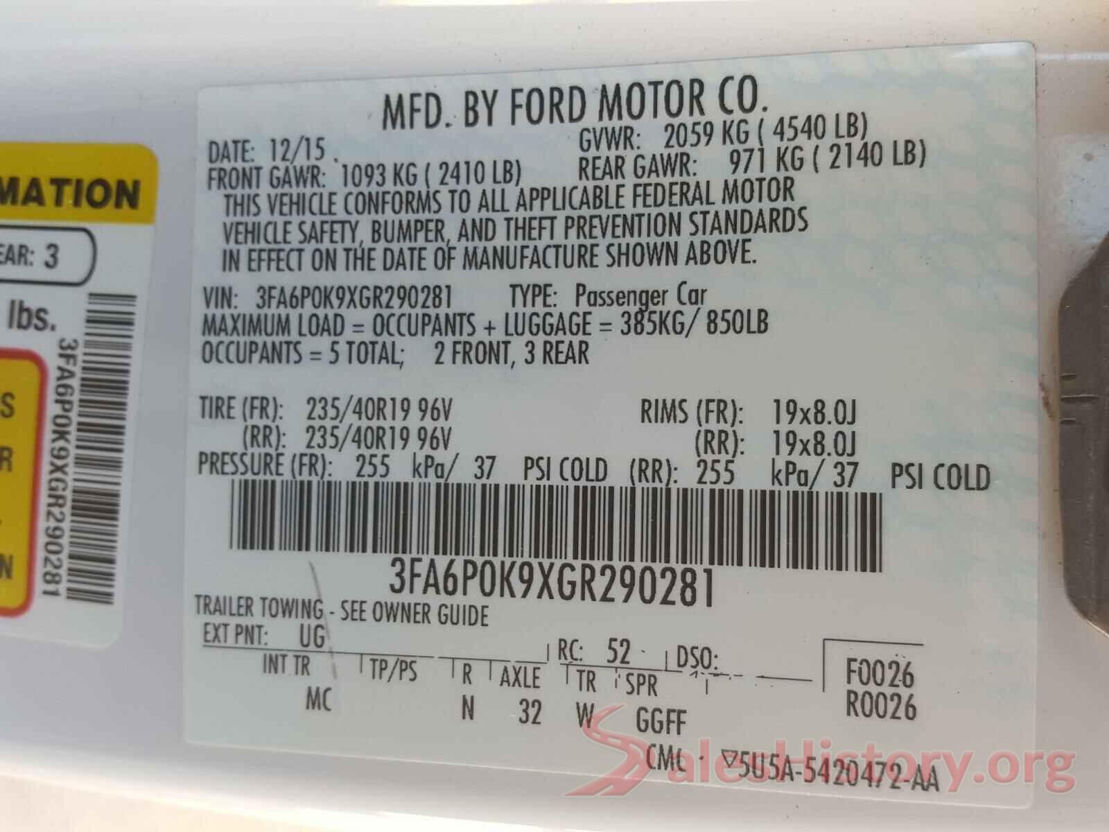 3FA6P0K9XGR290281 2016 FORD FUSION