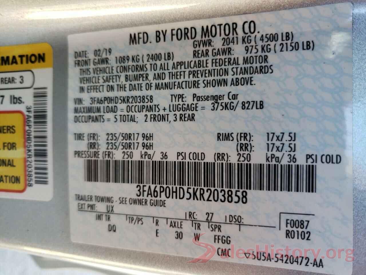 3FA6P0HD5KR203858 2019 FORD FUSION