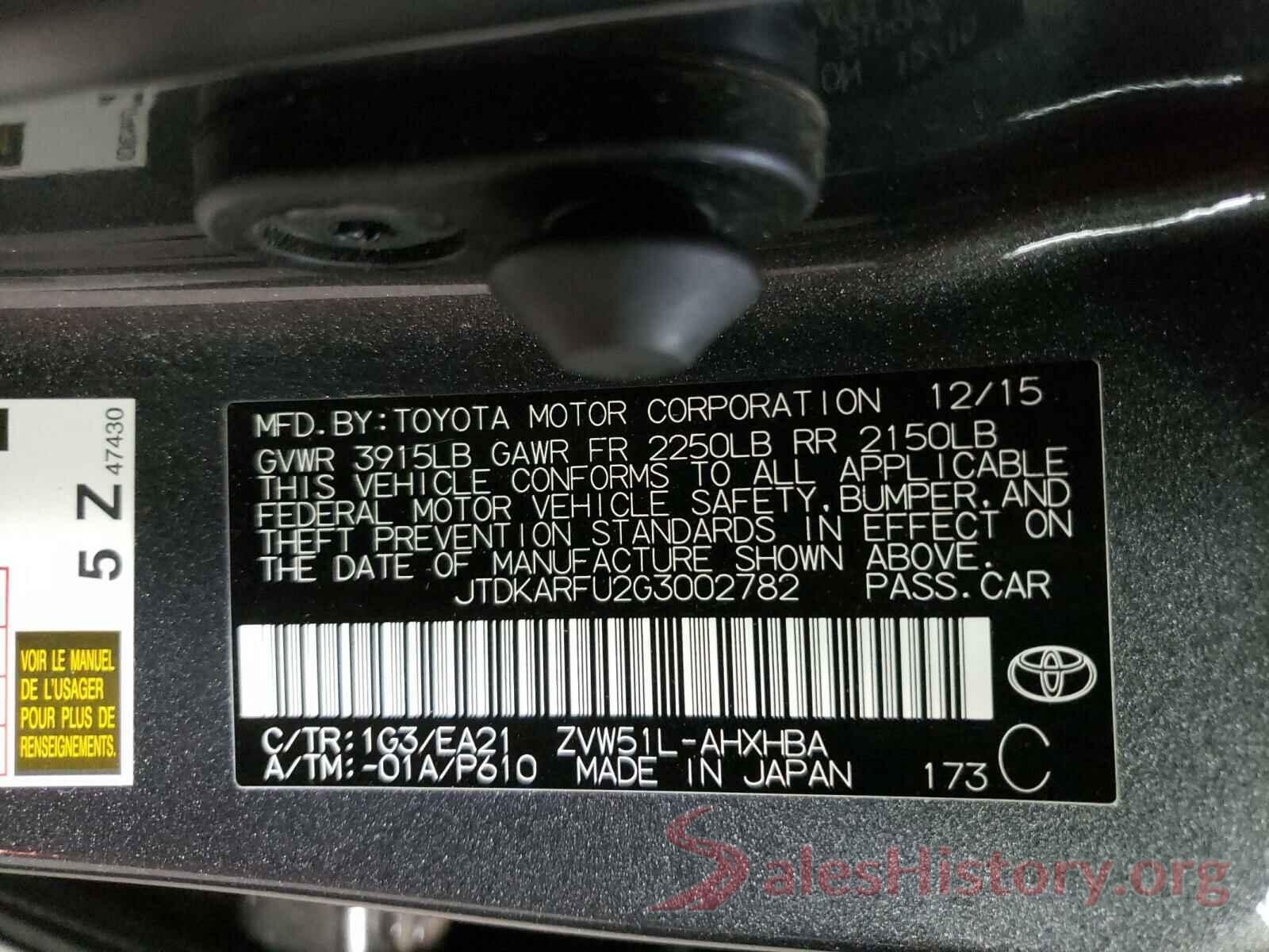 JTDKARFU2G3002782 2016 TOYOTA PRIUS