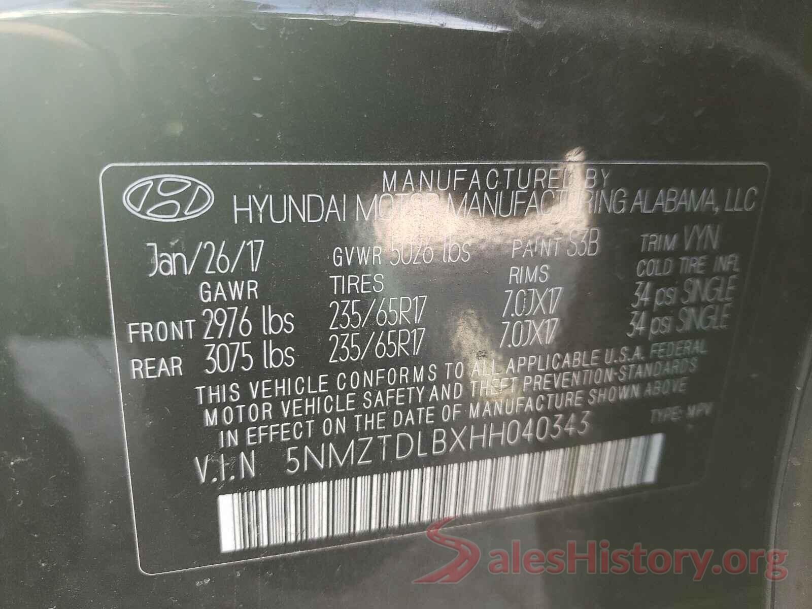 5NMZTDLBXHH040343 2017 HYUNDAI SANTA FE