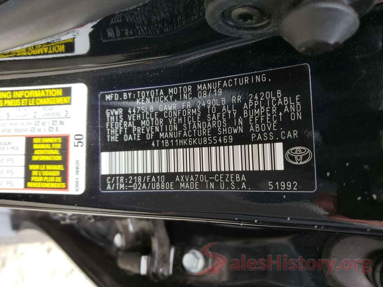 4T1B11HK6KU855469 2019 TOYOTA CAMRY