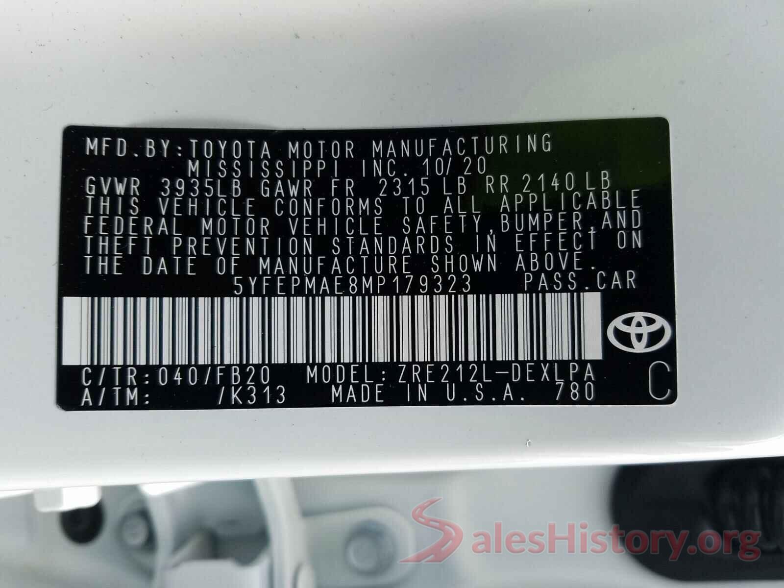 5YFEPMAE8MP179323 2021 TOYOTA COROLLA