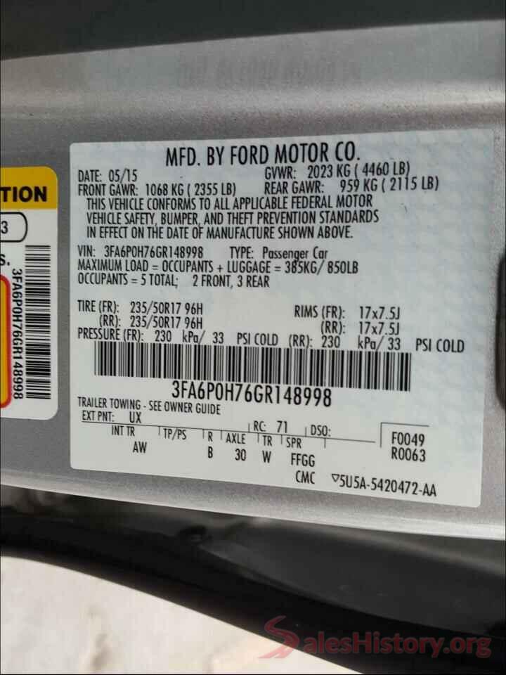 3FA6P0H76GR148998 2016 FORD FUSION