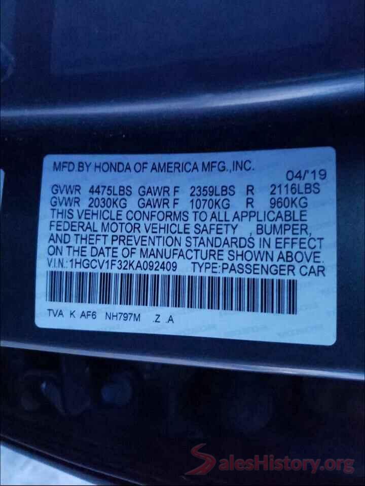 1HGCV1F32KA092409 2019 HONDA ACCORD