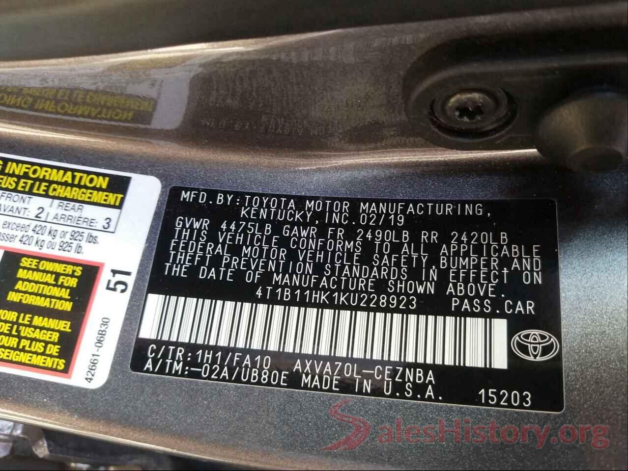 4T1B11HK1KU228923 2019 TOYOTA CAMRY