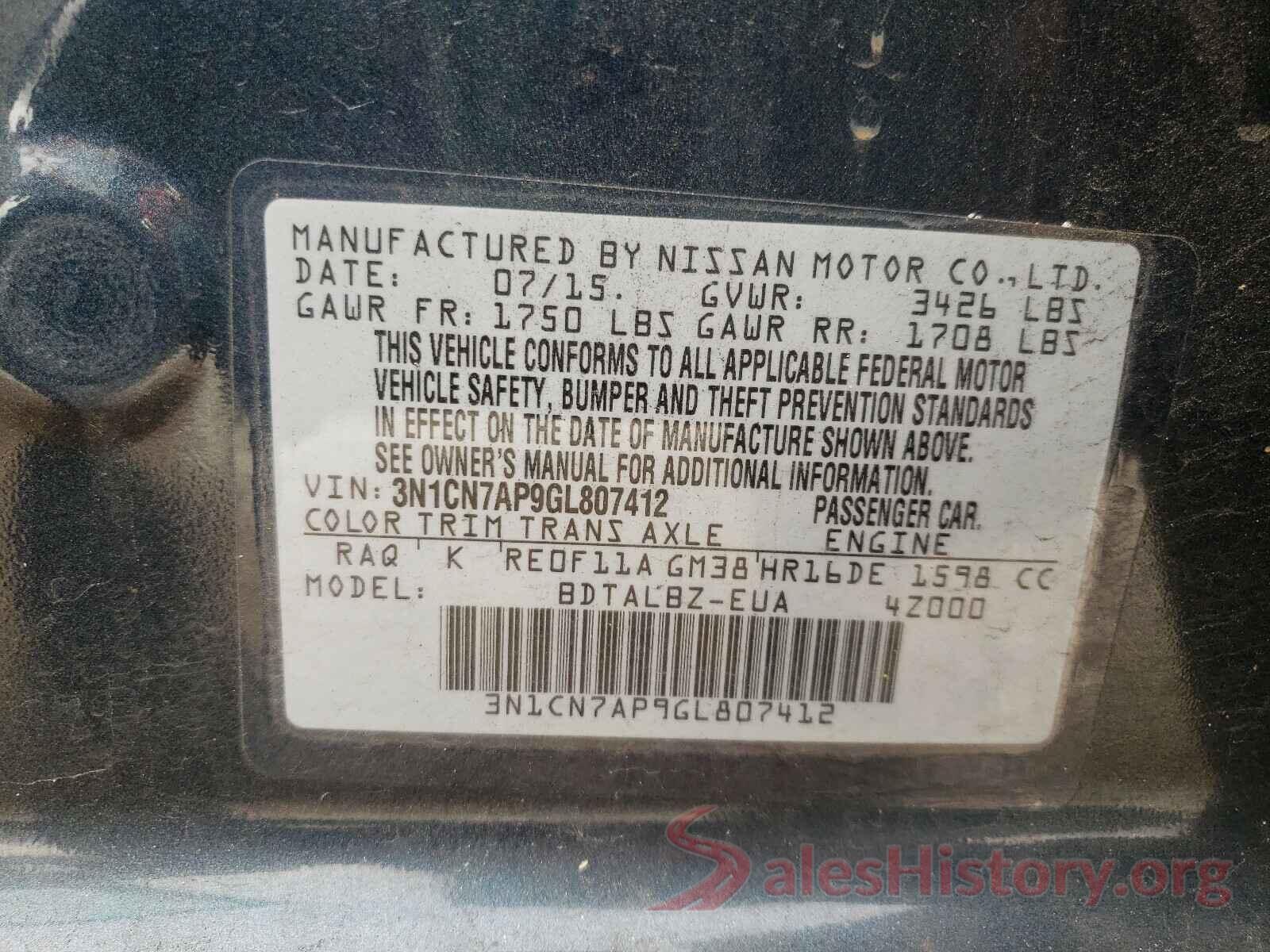 3N1CN7AP9GL807412 2016 NISSAN VERSA