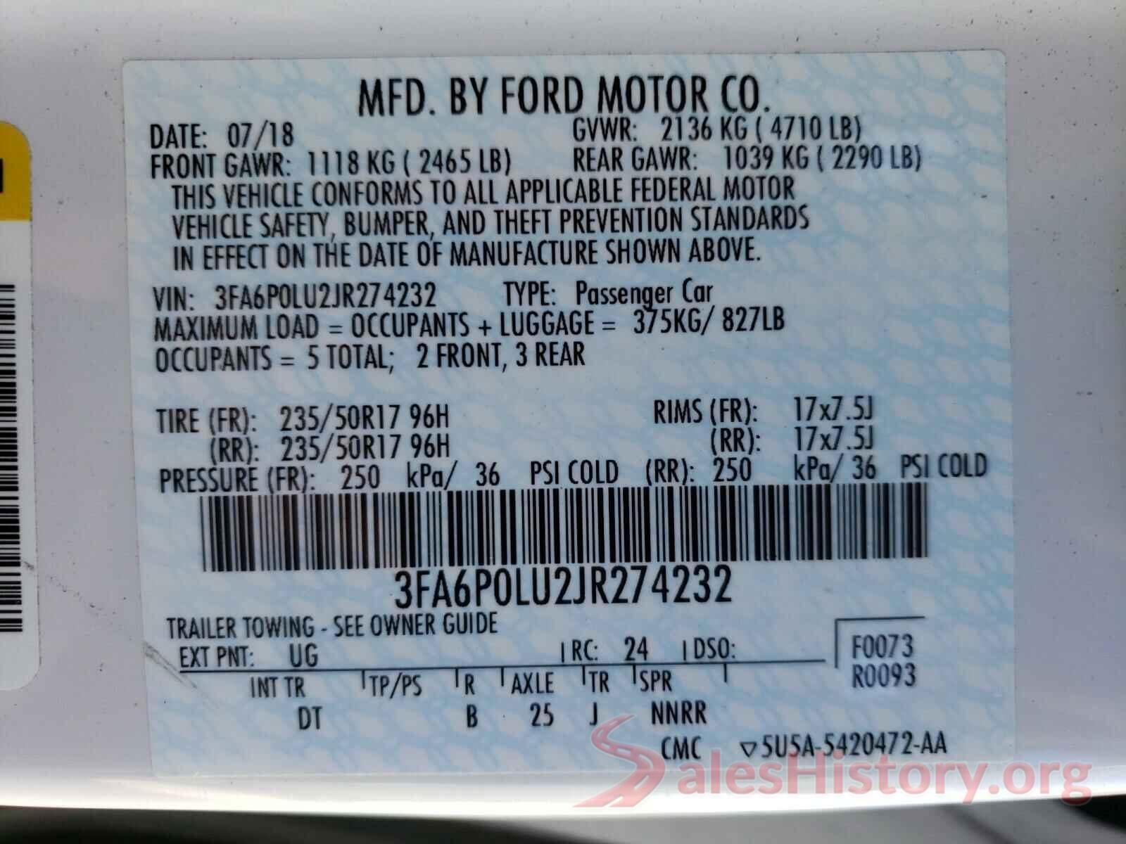 3FA6P0LU2JR274232 2018 FORD FUSION