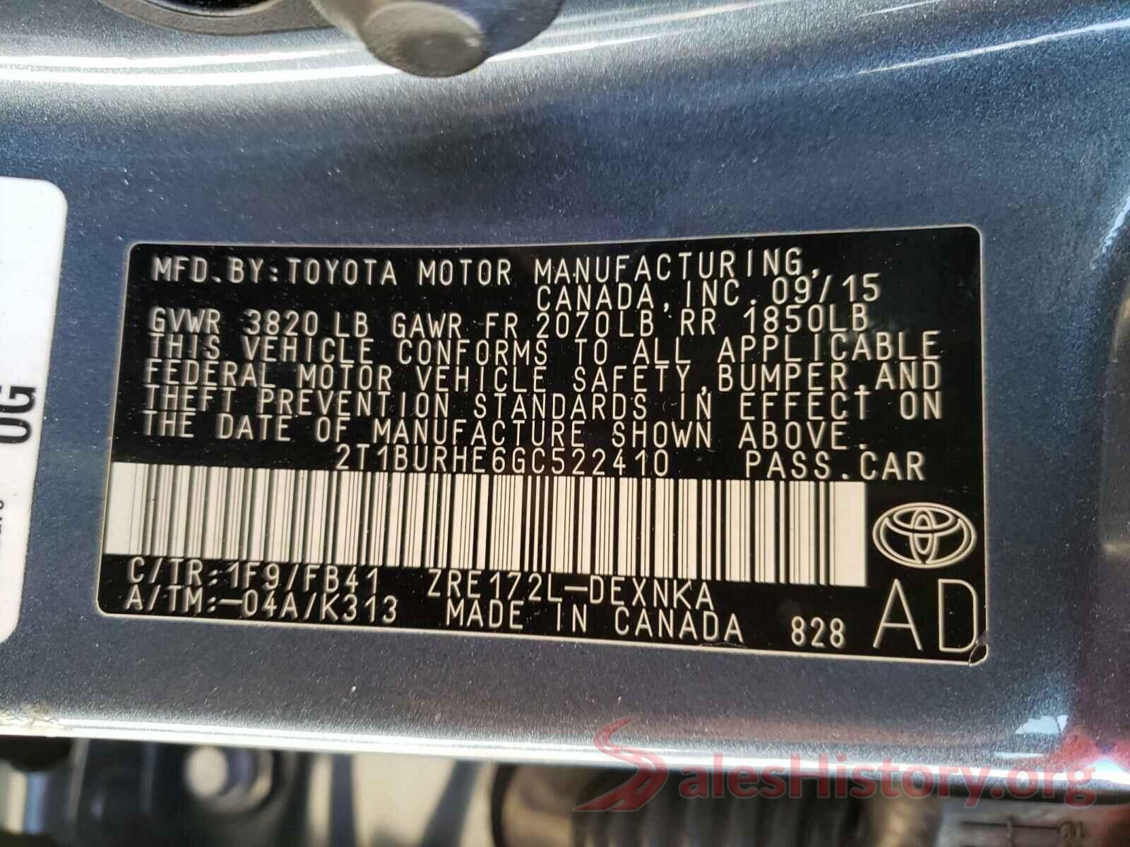 2T1BURHE6GC522410 2016 TOYOTA COROLLA