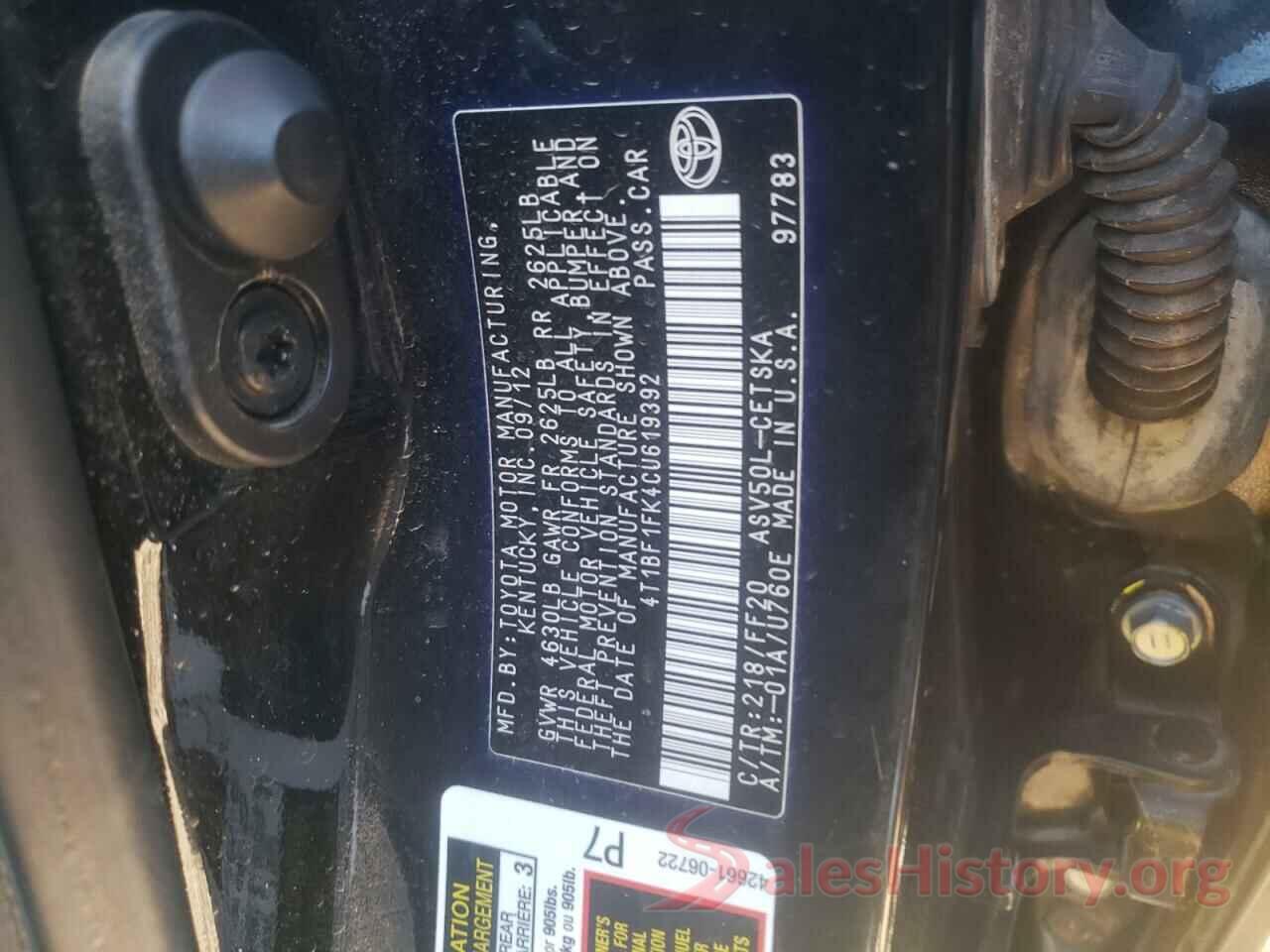 4T1BF1FK4CU619392 2012 TOYOTA CAMRY