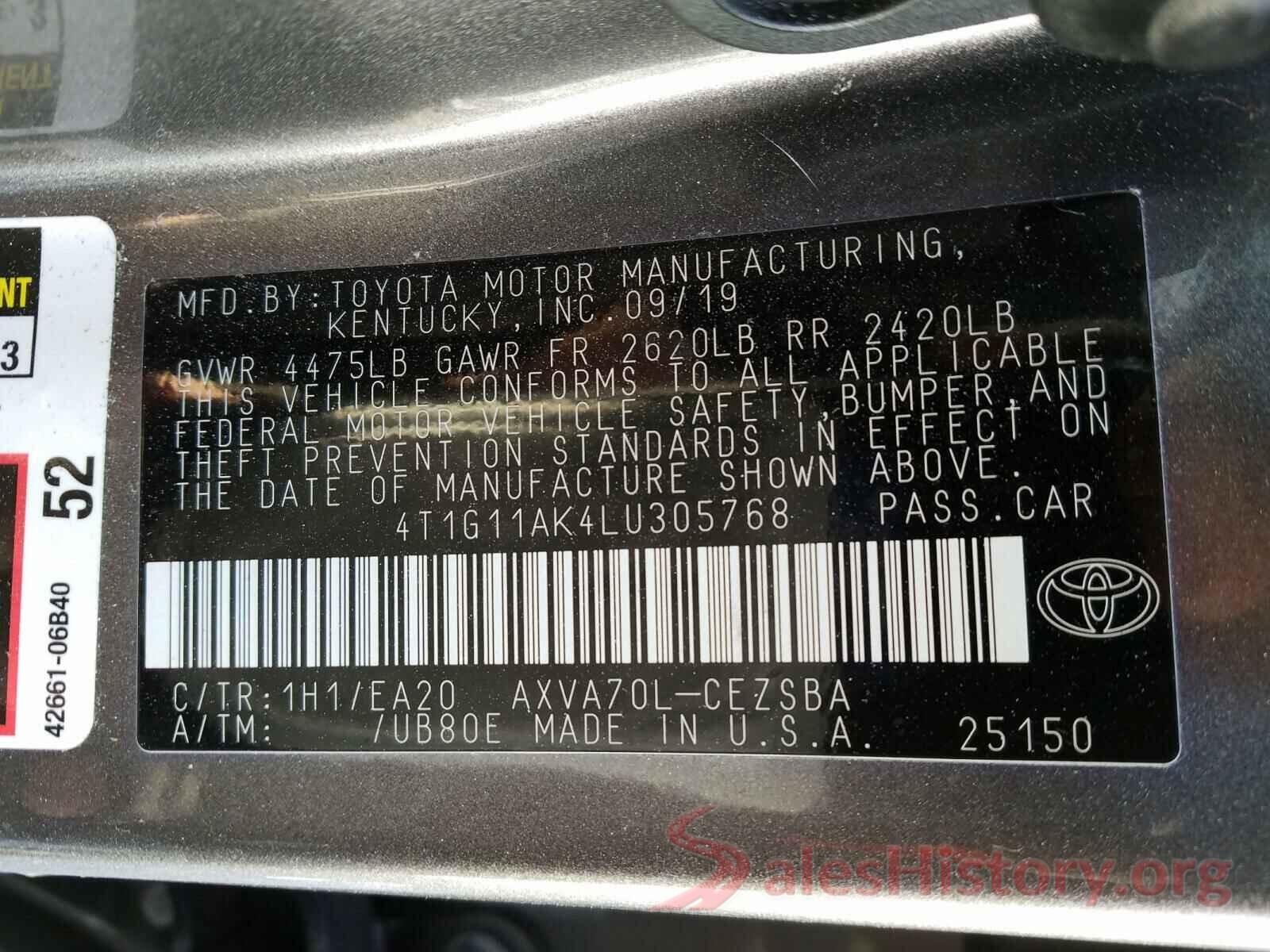 4T1G11AK4LU305768 2020 TOYOTA CAMRY