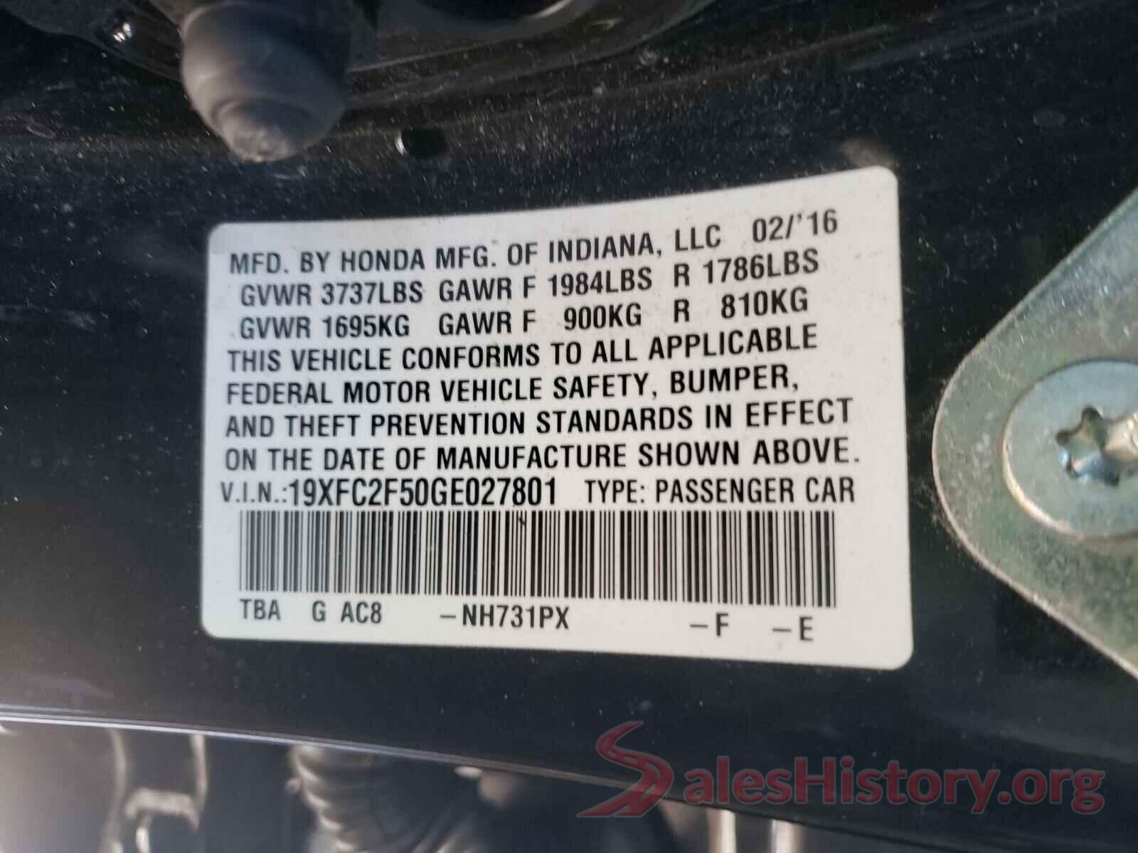 19XFC2F50GE027801 2016 HONDA CIVIC