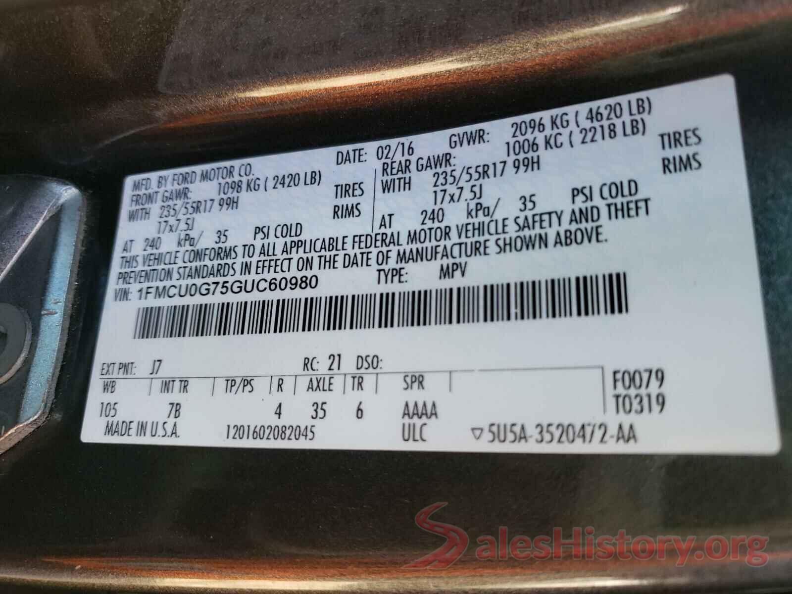 1FMCU0G75GUC60980 2016 FORD ESCAPE