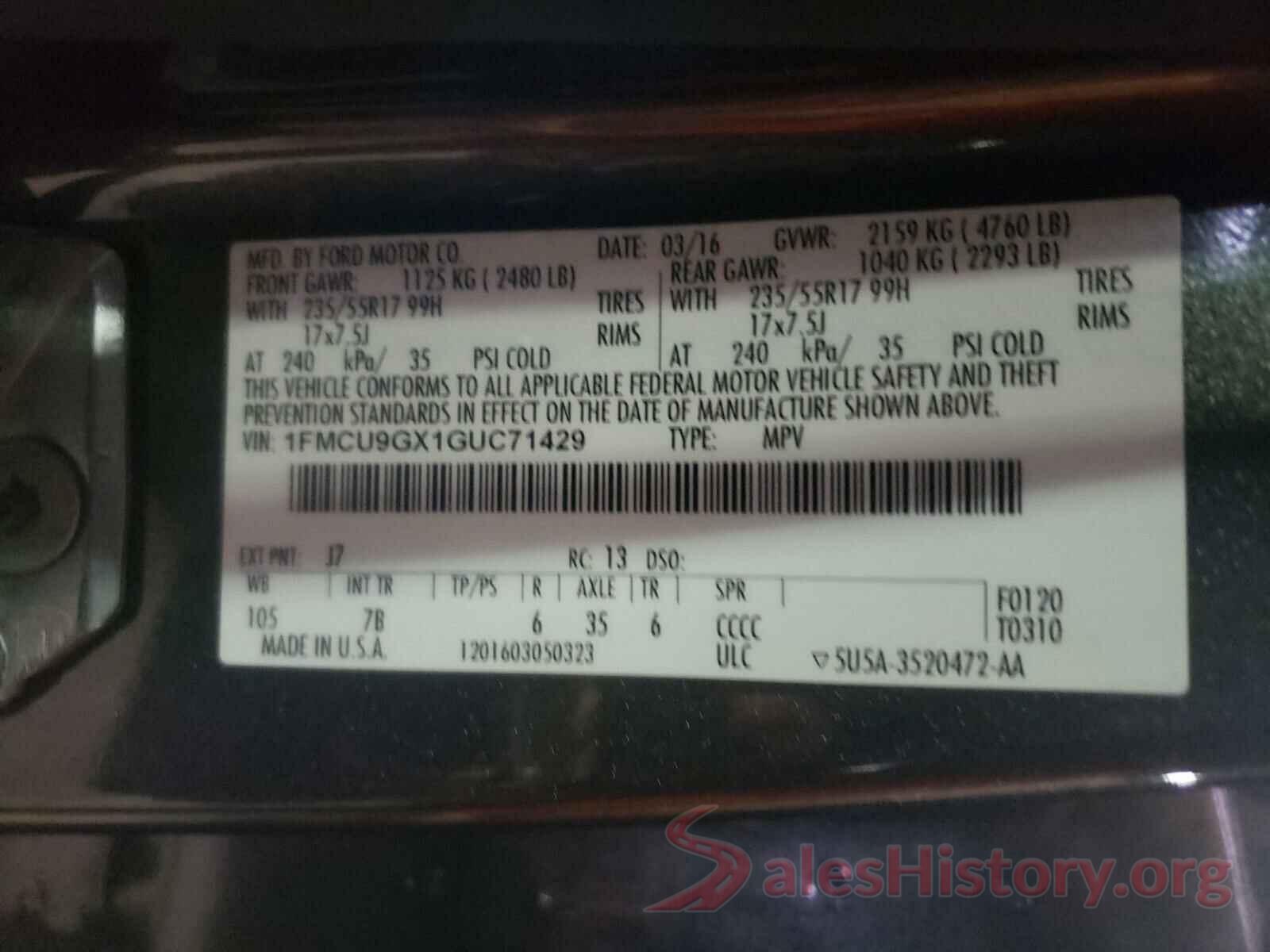 1FMCU9GX1GUC71429 2016 FORD ESCAPE