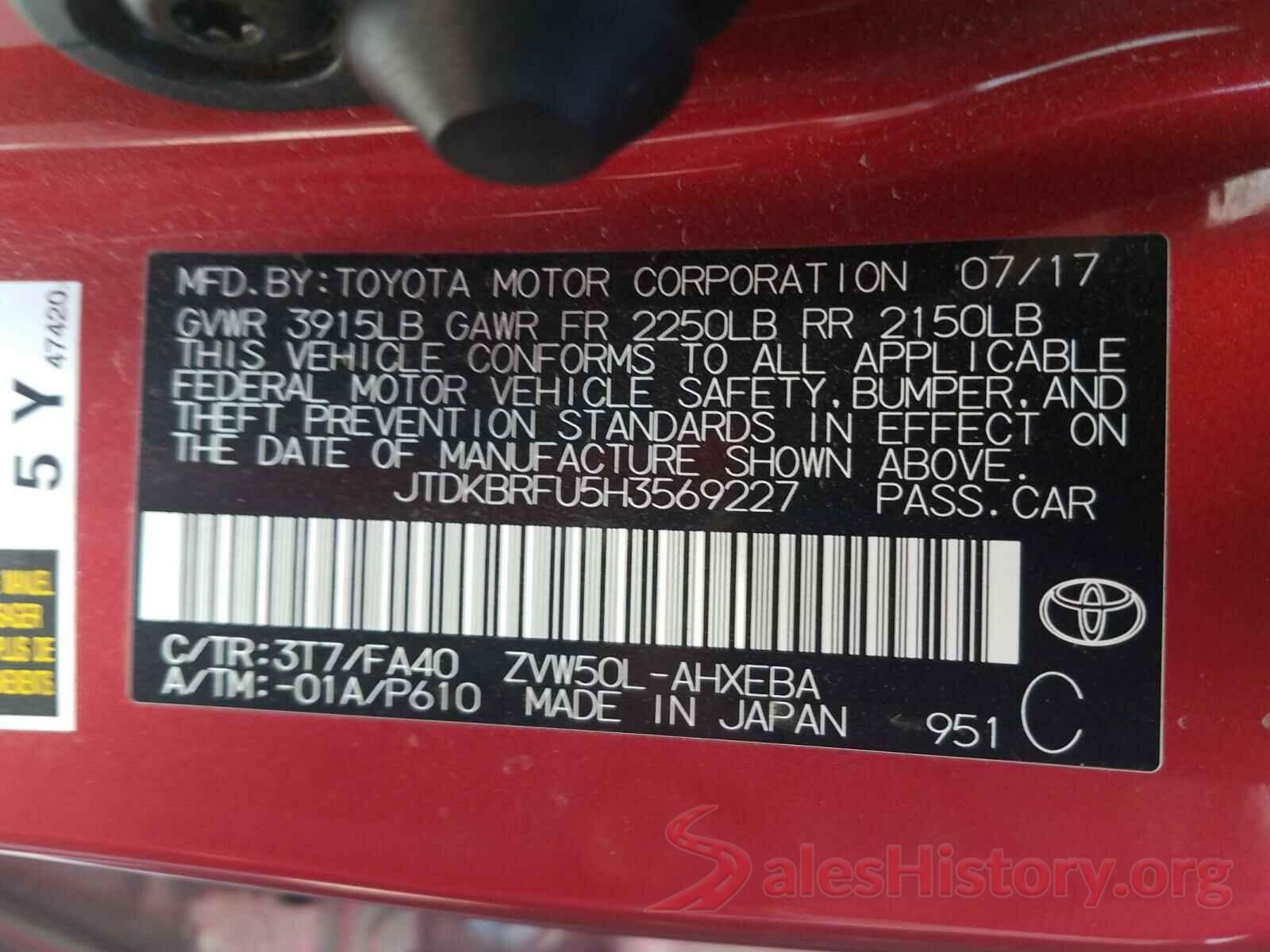 JTDKBRFU5H3569227 2017 TOYOTA PRIUS