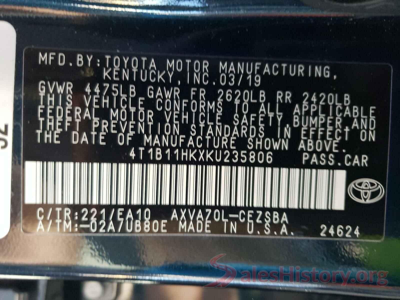 4T1B11HKXKU235806 2019 TOYOTA CAMRY