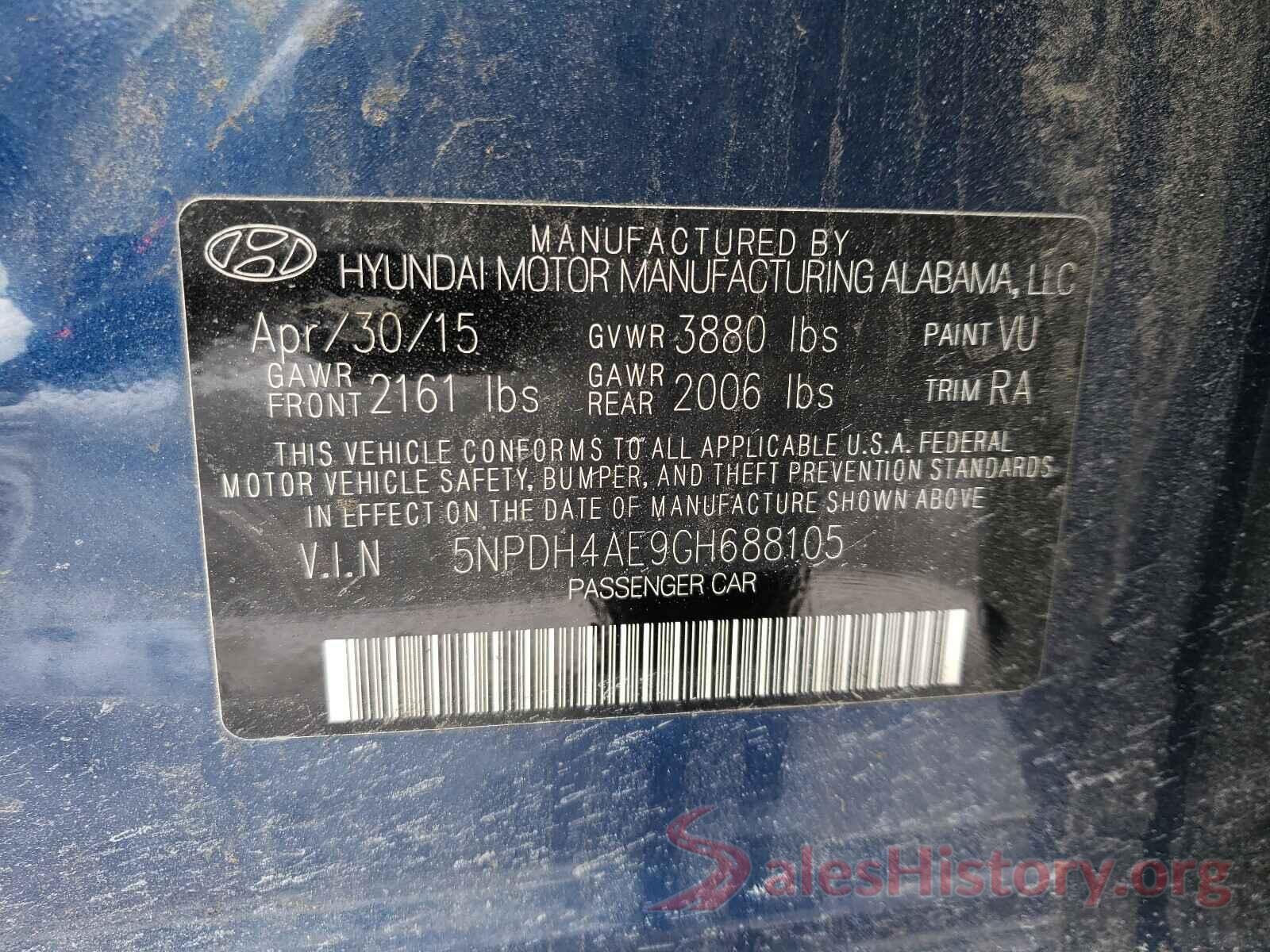 5NPDH4AE9GH688105 2016 HYUNDAI ELANTRA