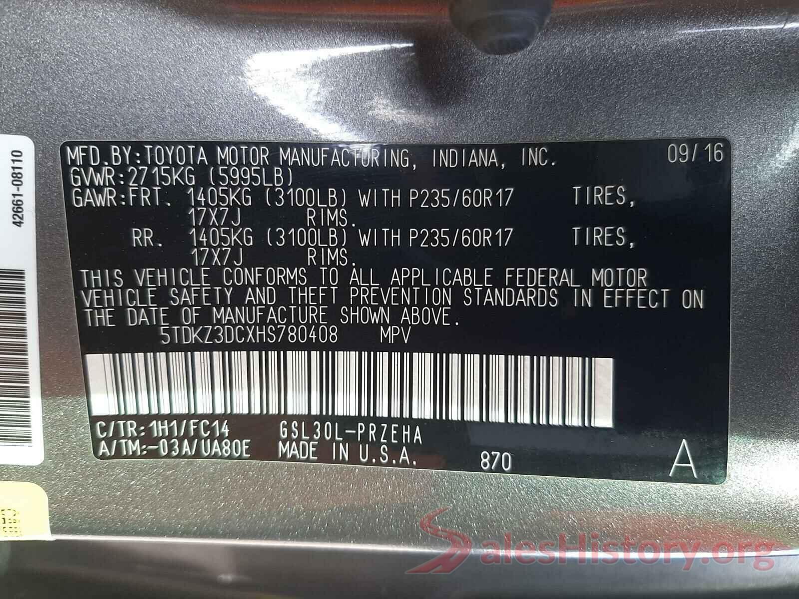 5TDKZ3DCXHS780408 2017 TOYOTA SIENNA