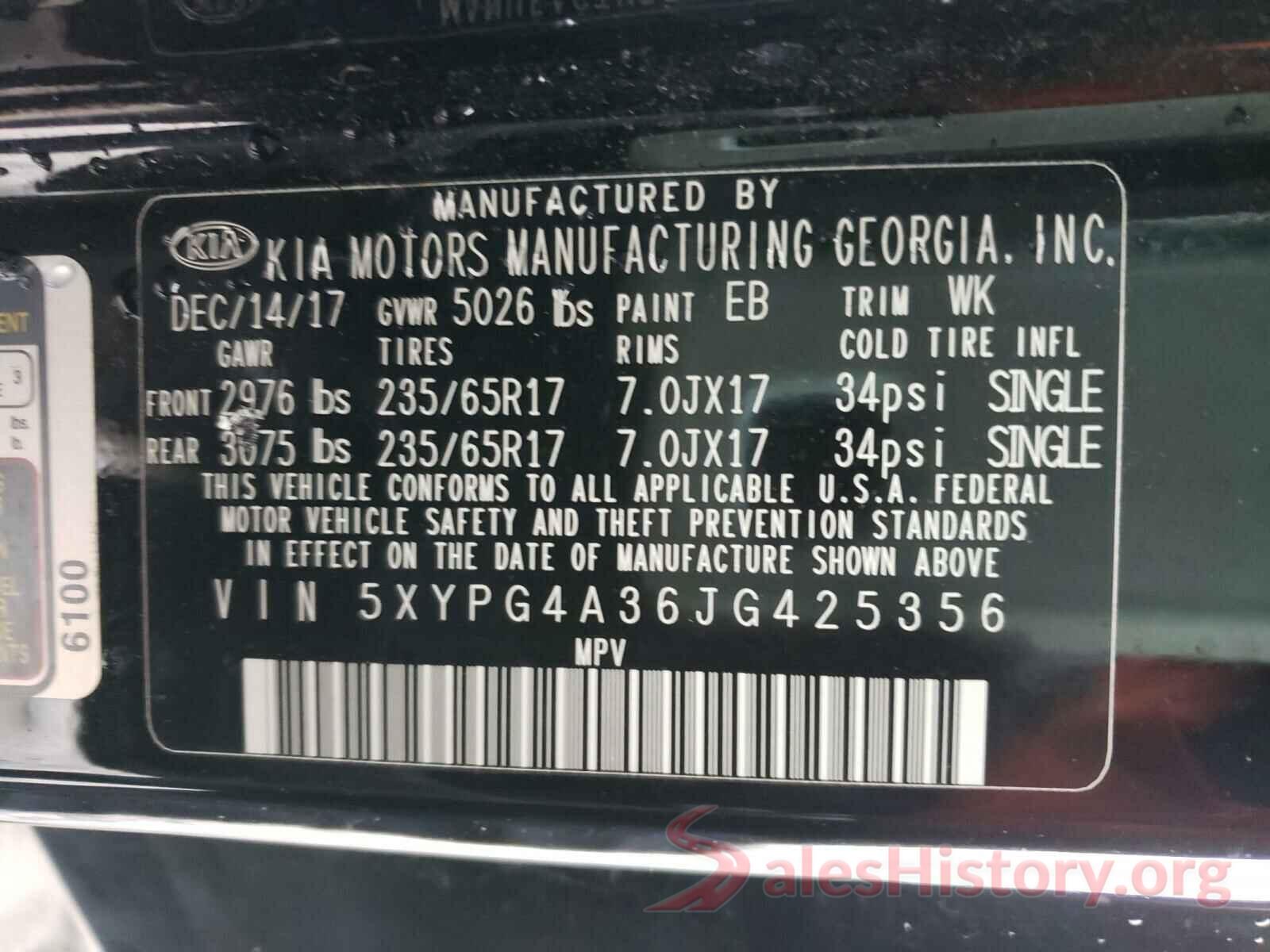 5XYPG4A36JG425356 2018 KIA SORENTO