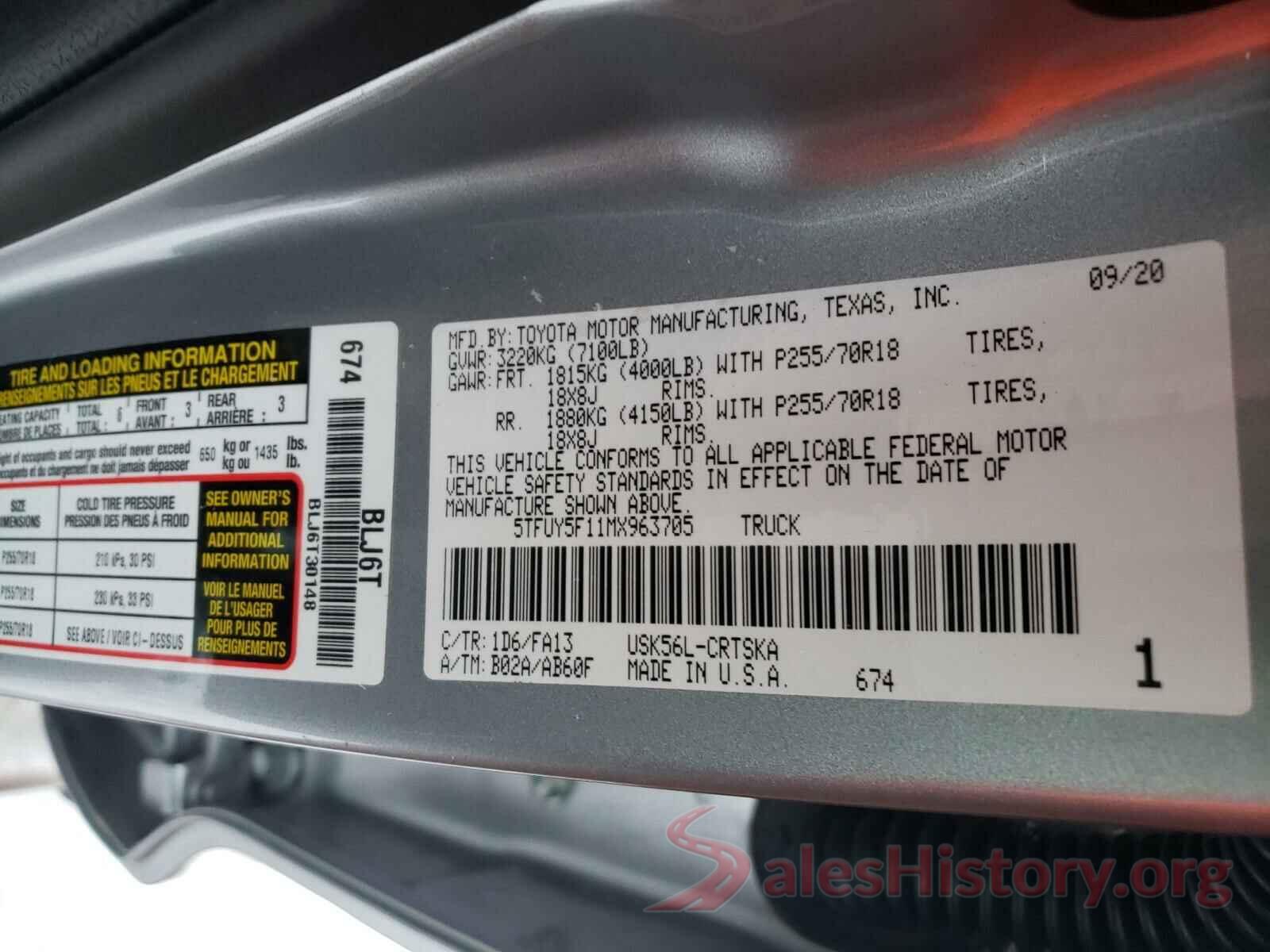 5TFUY5F11MX963705 2021 TOYOTA TUNDRA