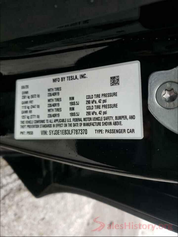 5YJ3E1EB3LF787370 2020 TESLA MODEL 3