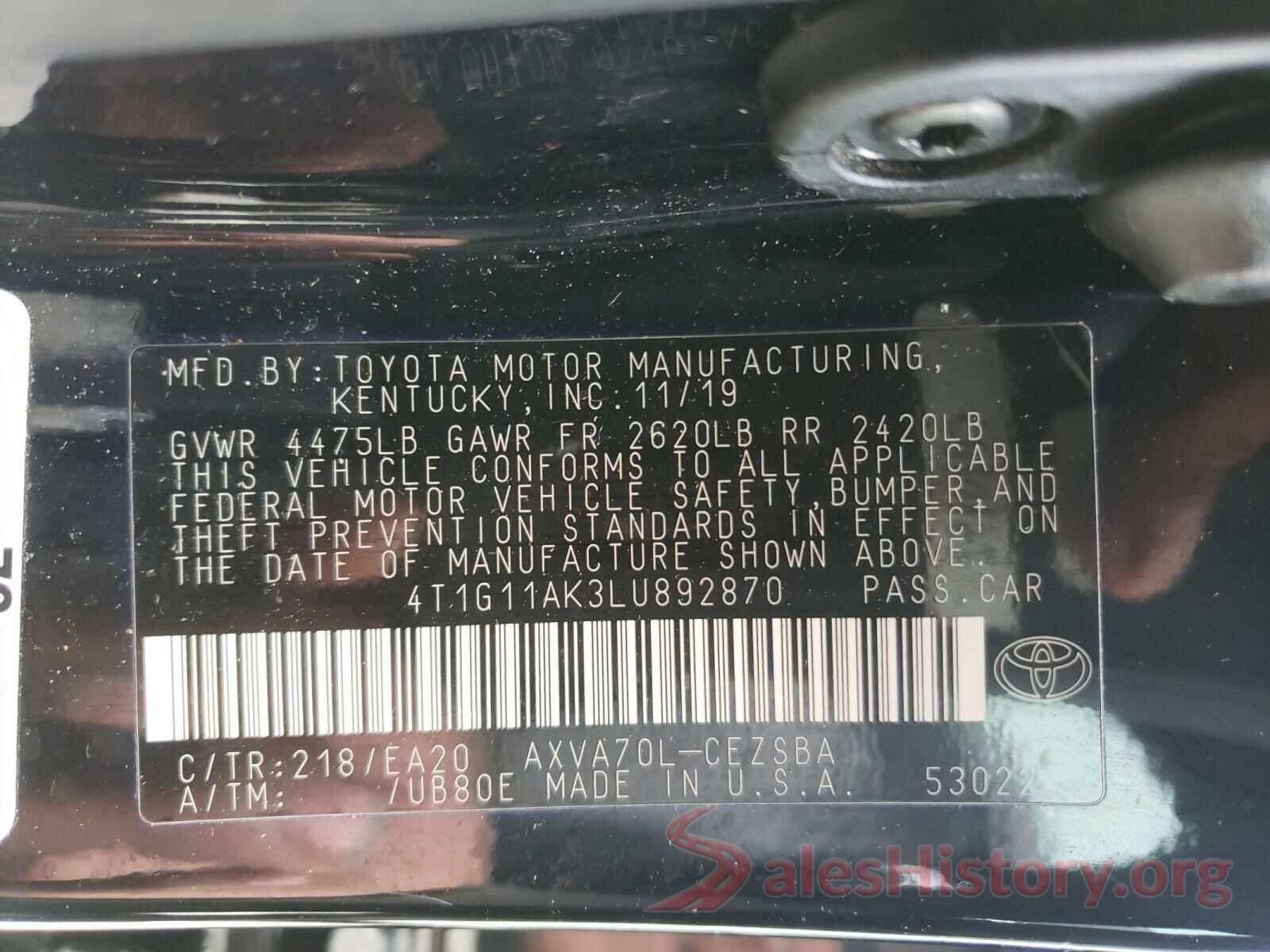 4T1G11AK3LU892870 2020 TOYOTA CAMRY