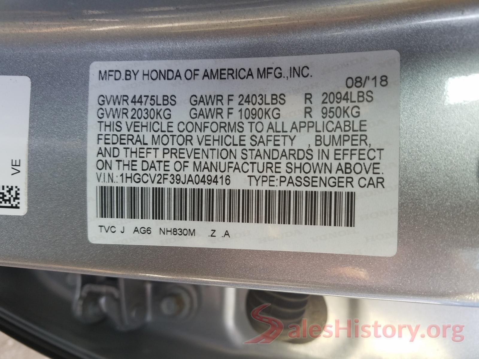 1HGCV2F39JA049416 2018 HONDA ACCORD