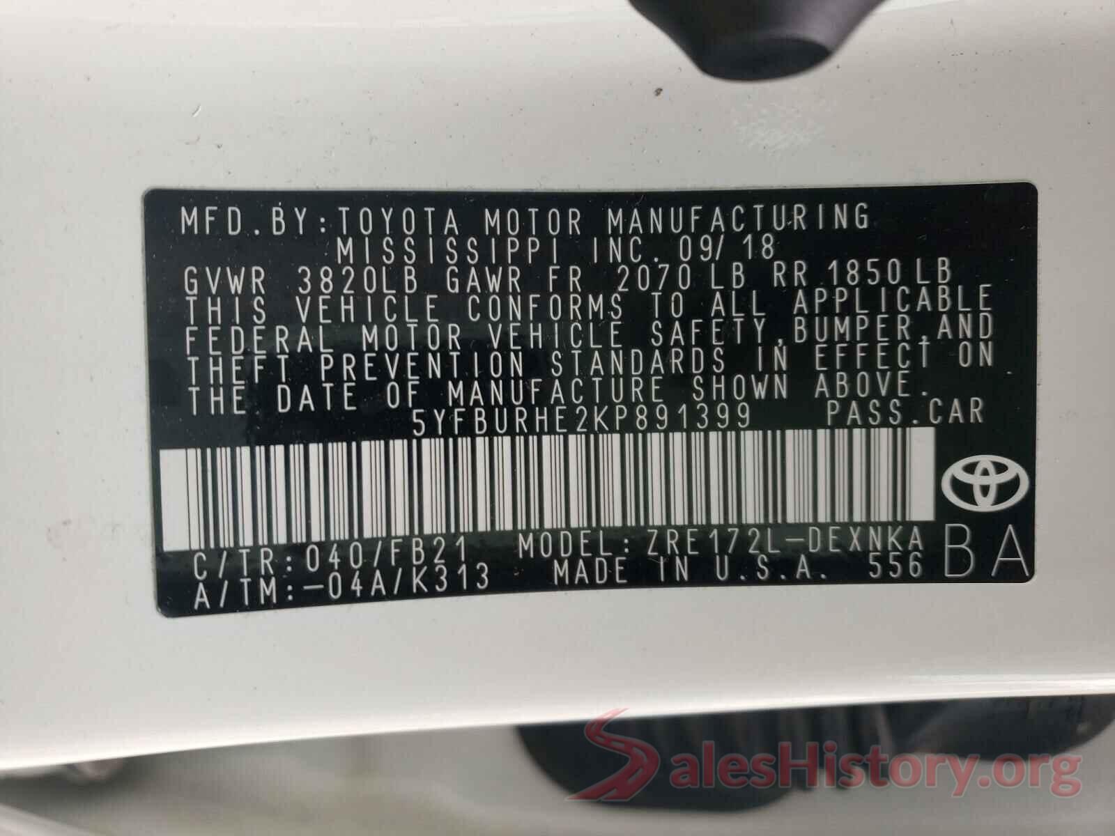 5YFBURHE2KP891399 2019 TOYOTA COROLLA