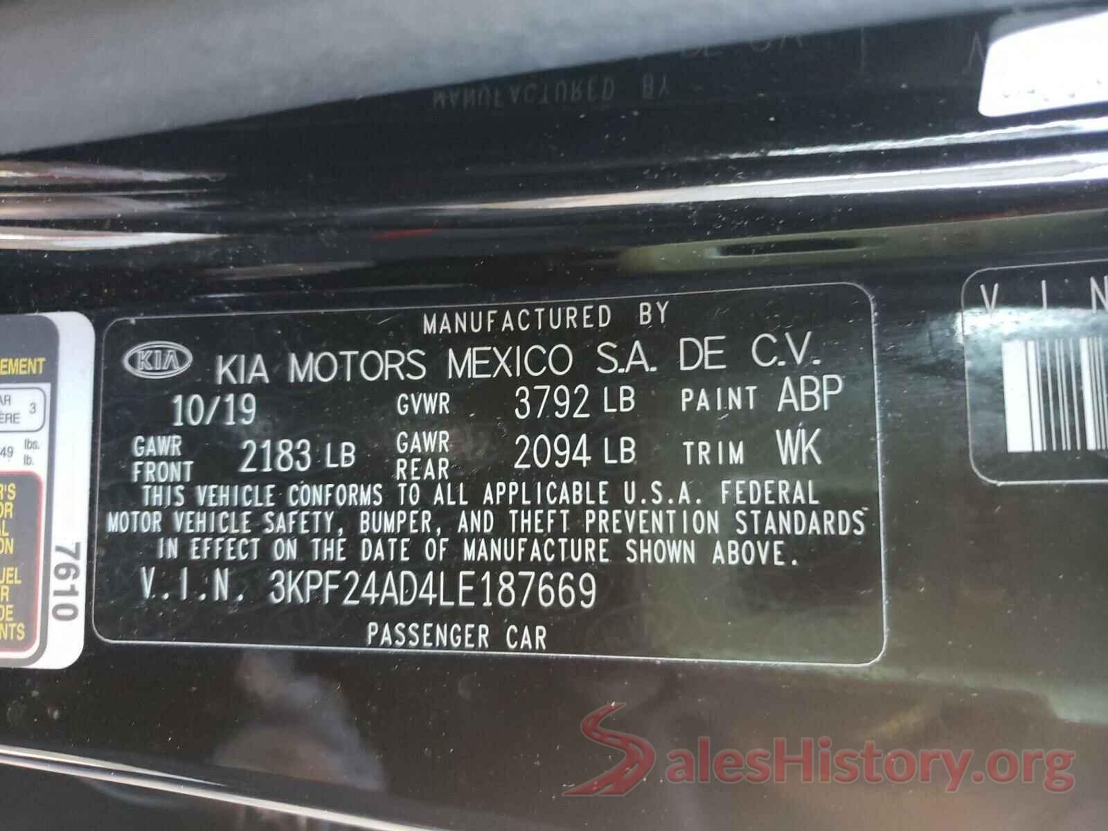 3KPF24AD4LE187669 2020 KIA FORTE