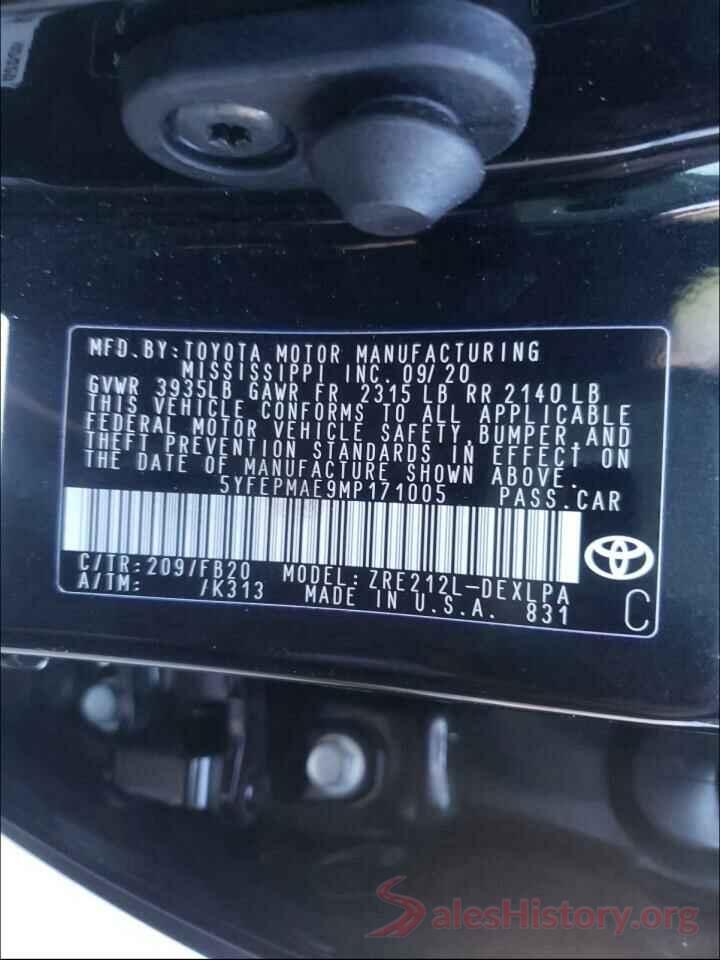 5YFEPMAE9MP171005 2021 TOYOTA COROLLA