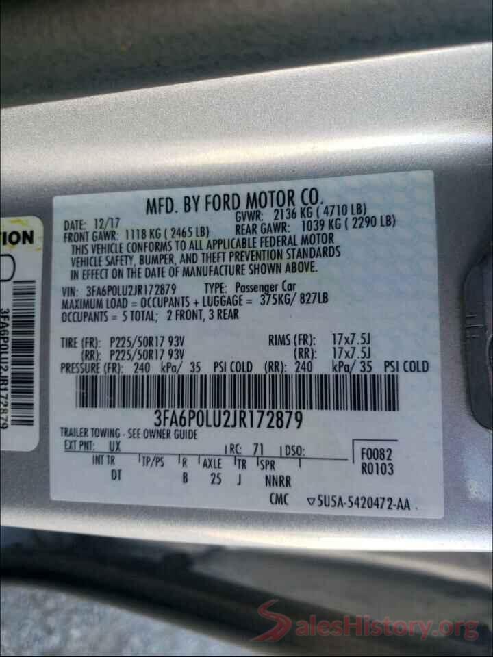 3FA6P0LU2JR172879 2018 FORD FUSION