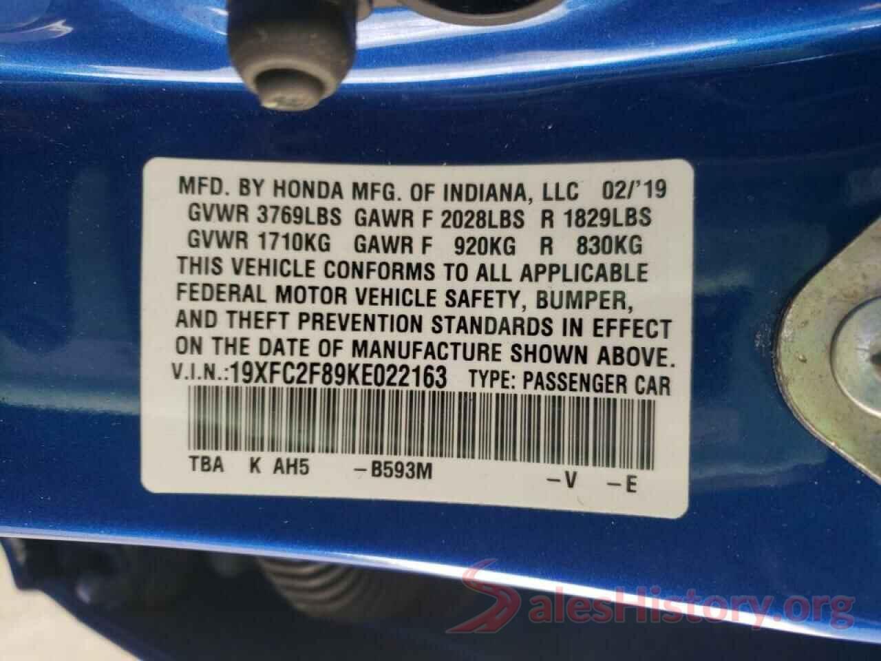 19XFC2F89KE022163 2019 HONDA CIVIC