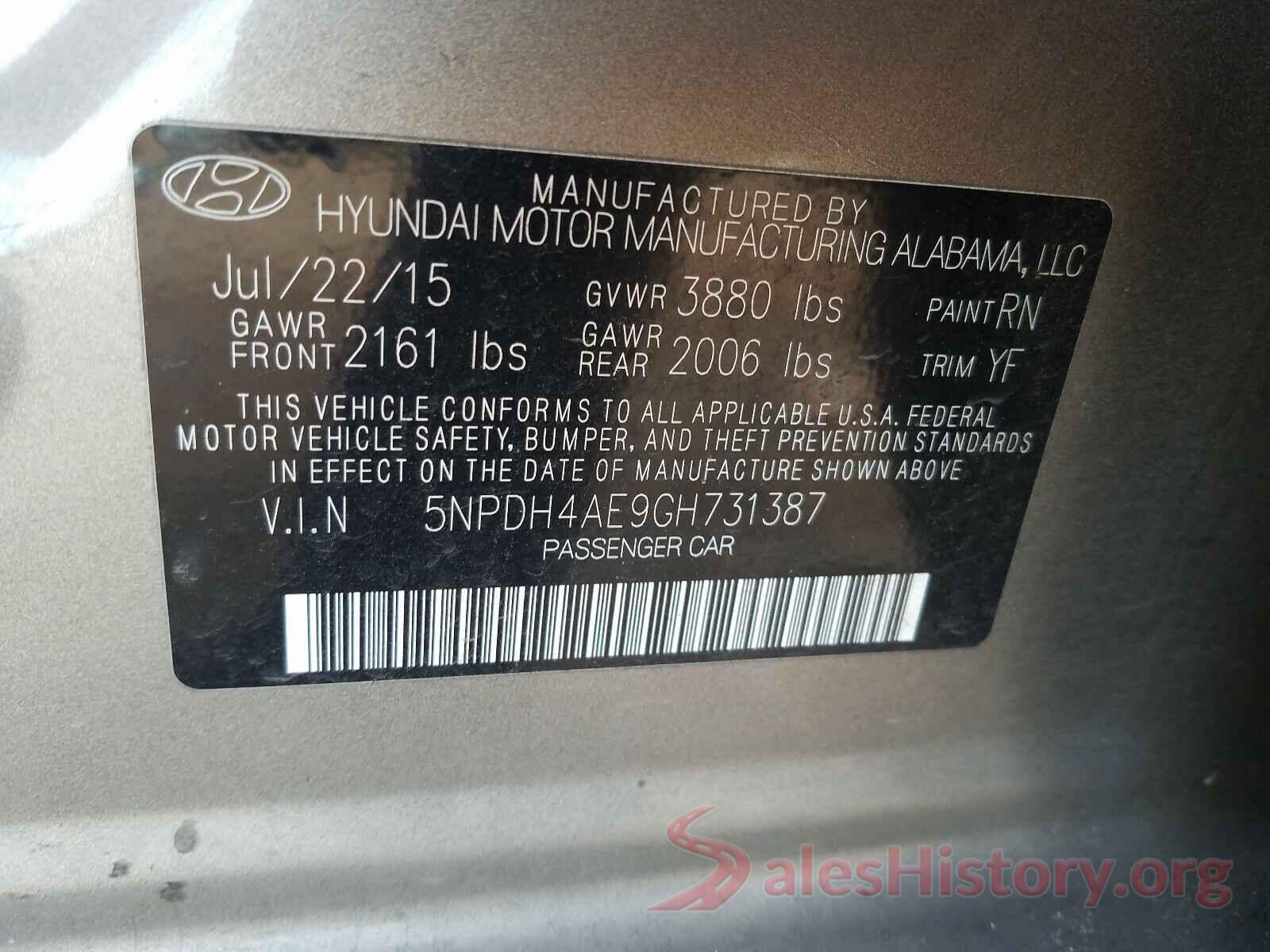 5NPDH4AE9GH731387 2016 HYUNDAI ELANTRA