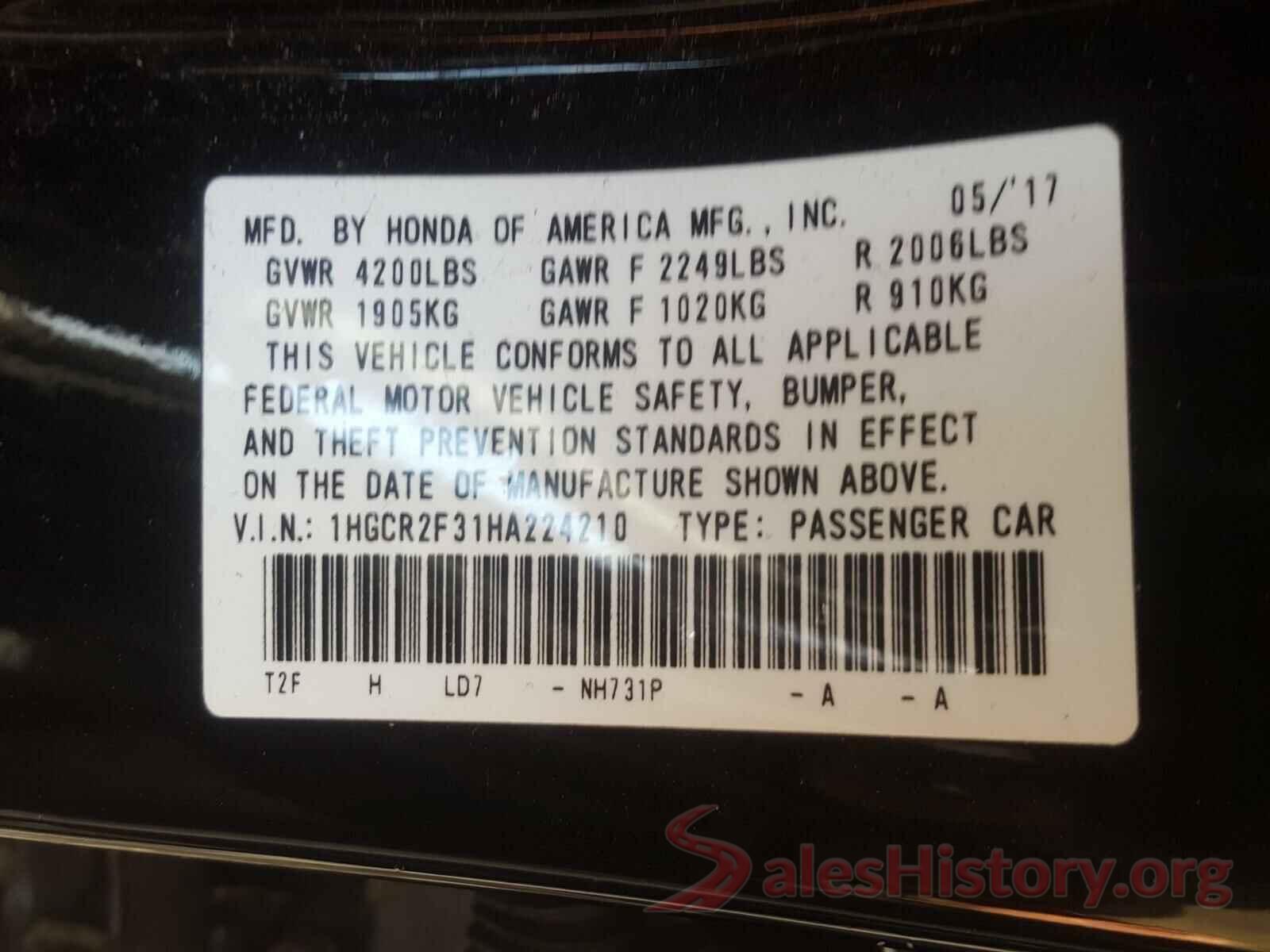 1HGCR2F31HA224210 2017 HONDA ACCORD