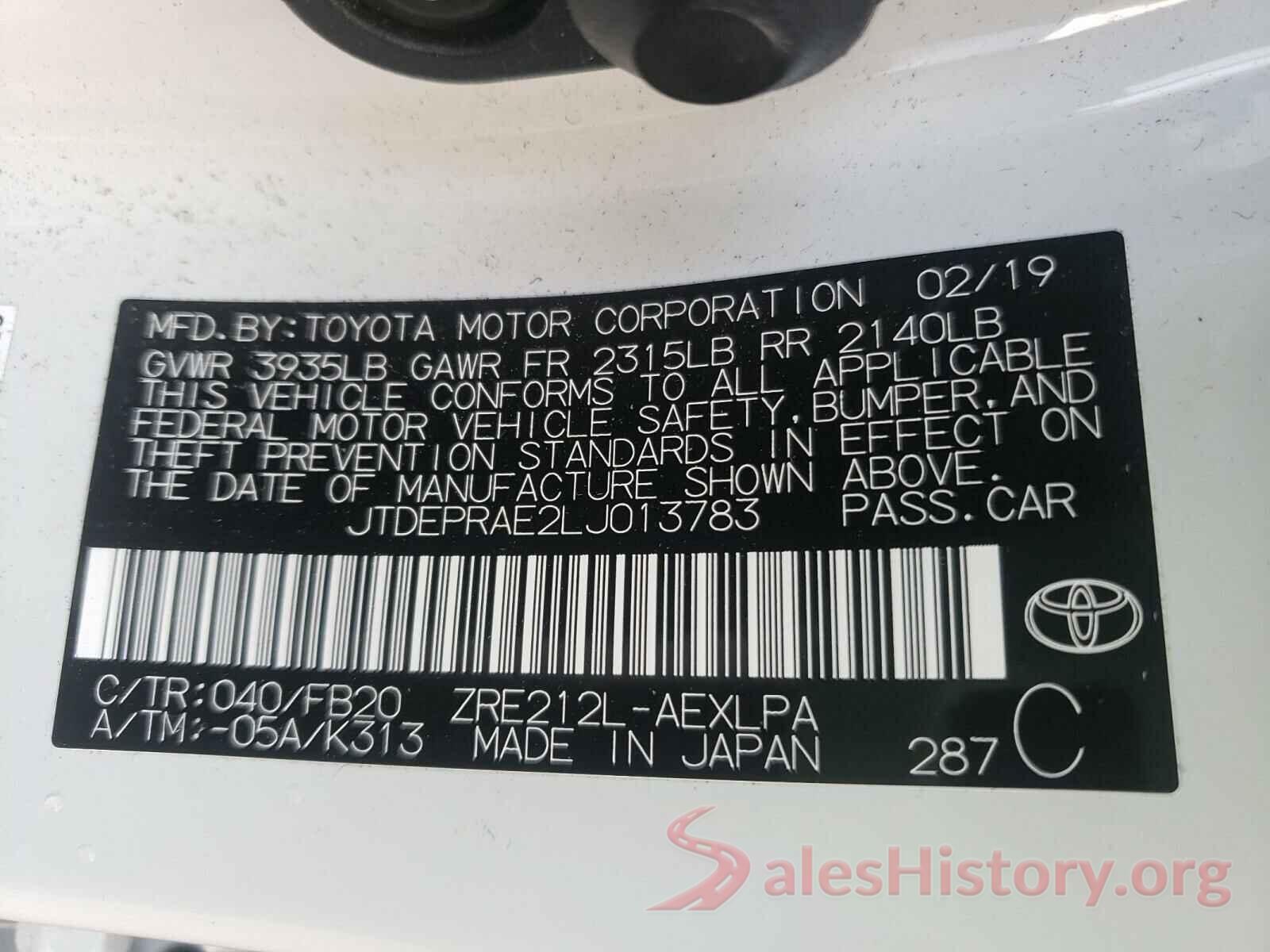 JTDEPRAE2LJ013783 2020 TOYOTA COROLLA