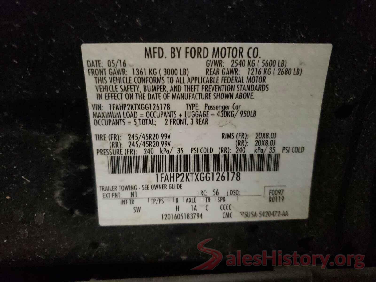 1FAHP2KTXGG126178 2016 FORD TAURUS