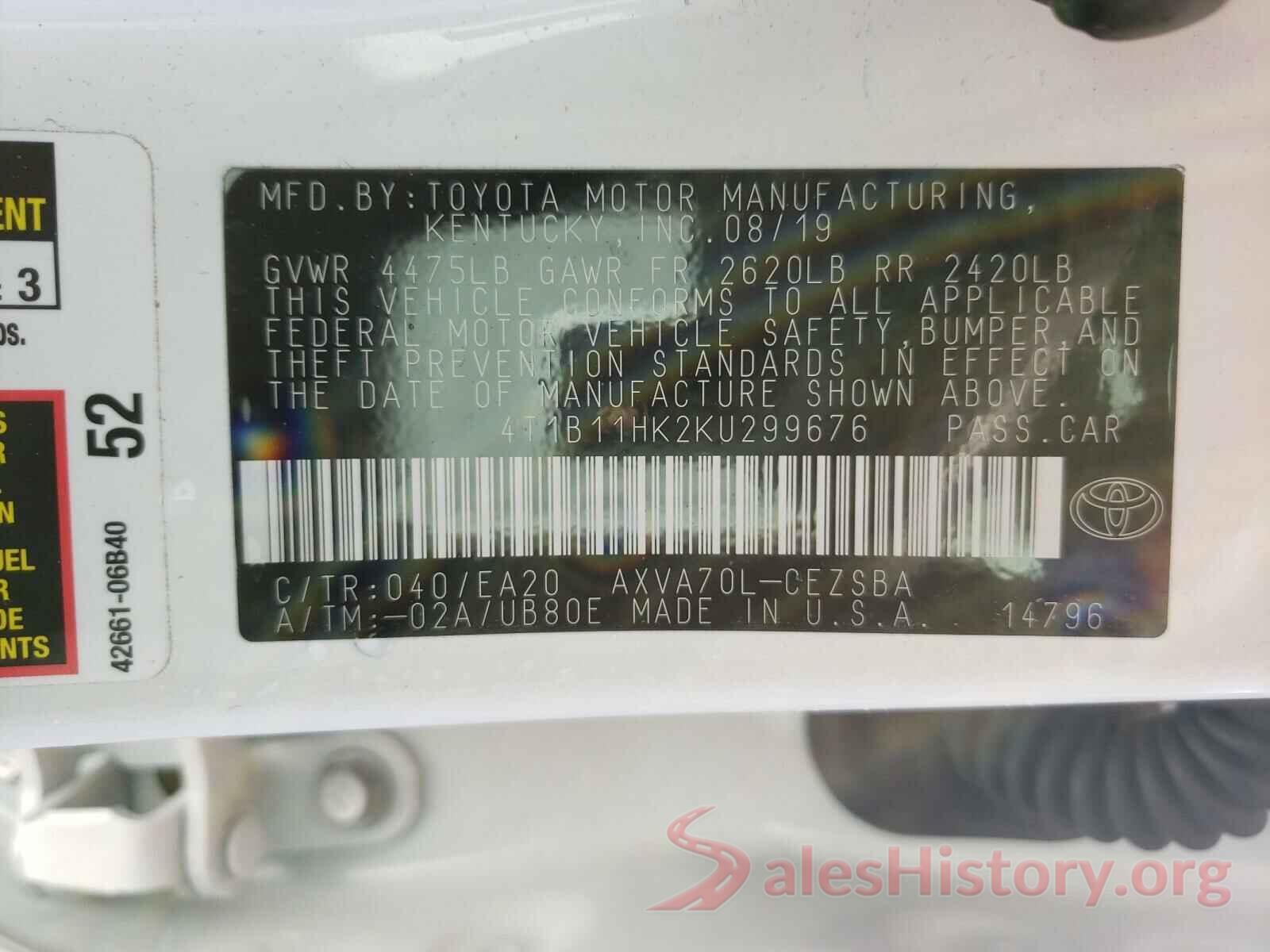 4T1B11HK2KU299676 2019 TOYOTA CAMRY