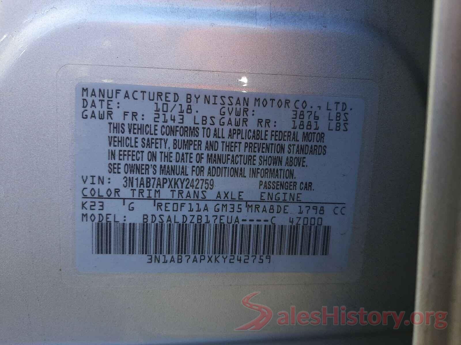 3N1AB7APXKY242759 2019 NISSAN SENTRA