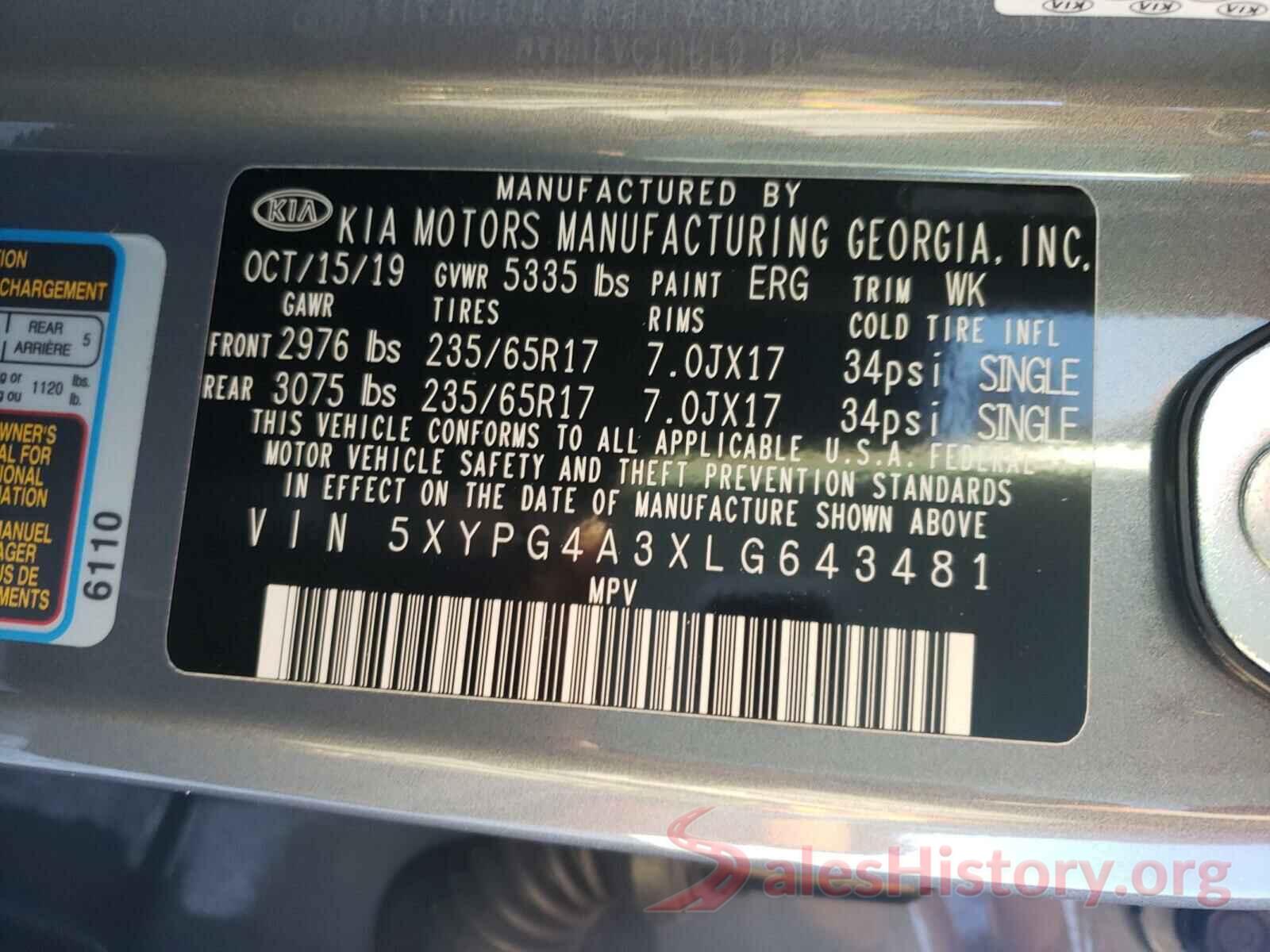 5XYPG4A3XLG643481 2020 KIA SORENTO