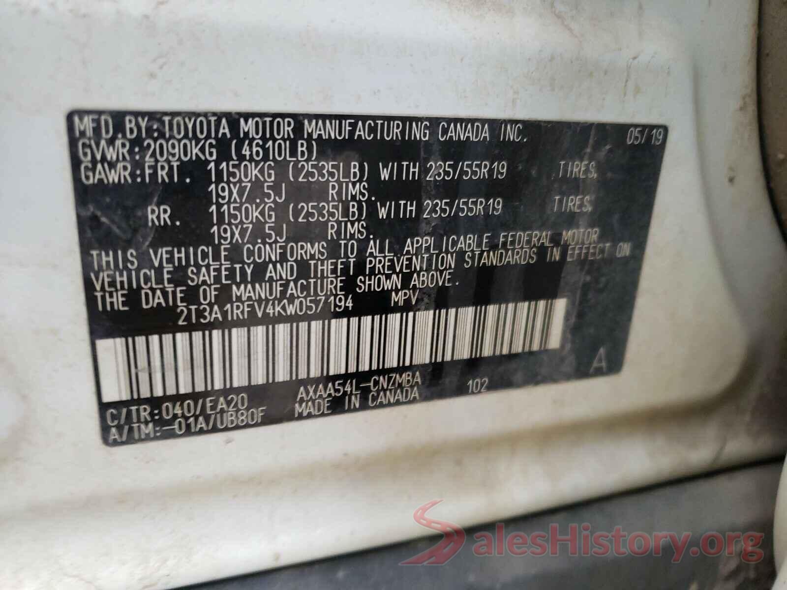 2T3A1RFV4KW057194 2019 TOYOTA RAV4