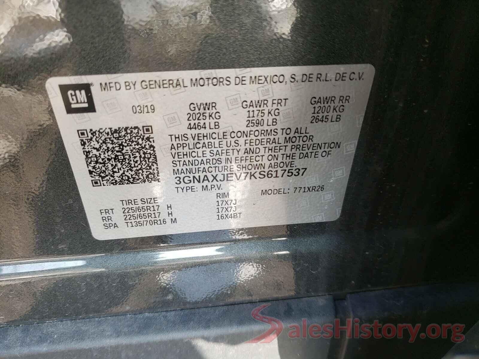 3GNAXJEV7KS617537 2019 CHEVROLET EQUINOX